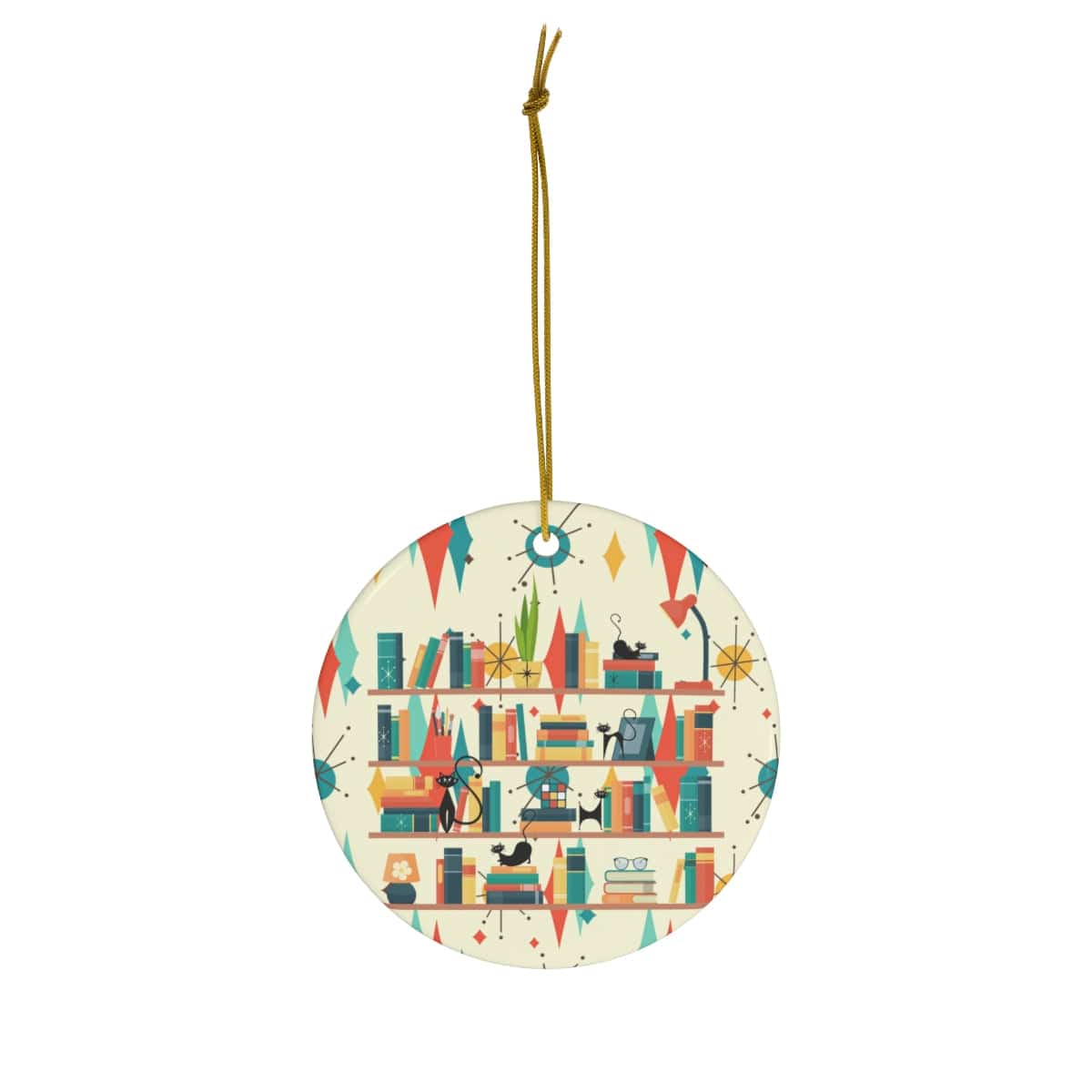 Book Lovers Gifts, Christmas Ceramic Ornament, Atomic Cats, Mid Century Modern Franciscan Pattern X-Mas Retro Ornaments Home Decor