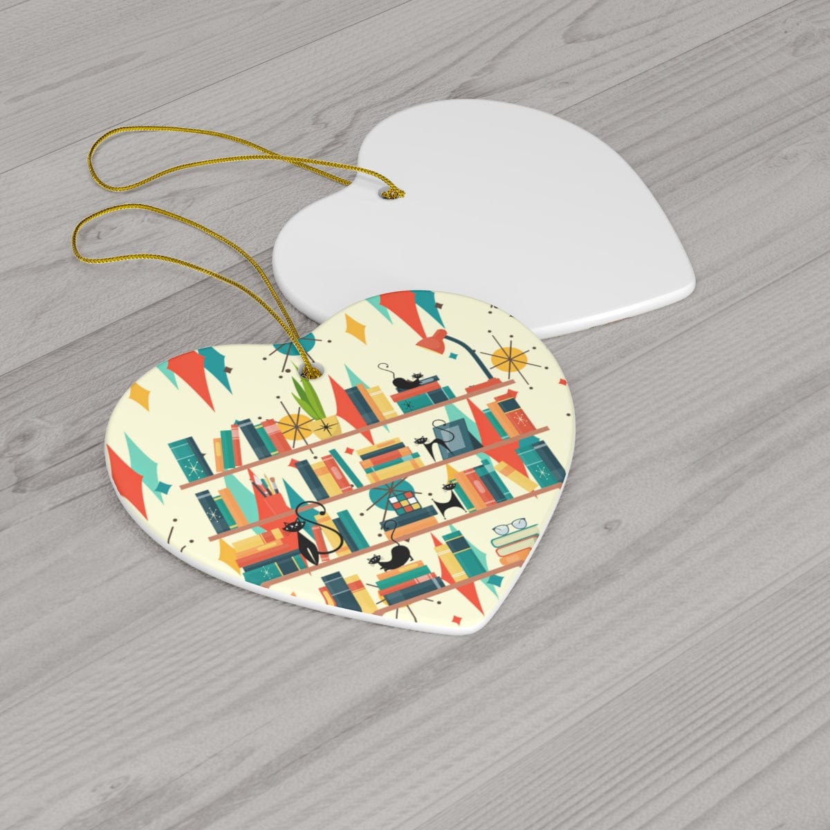 Book Lovers Gifts, Christmas Ceramic Ornament, Atomic Cats, Mid Century Modern Franciscan Pattern X-Mas Retro Ornaments Home Decor