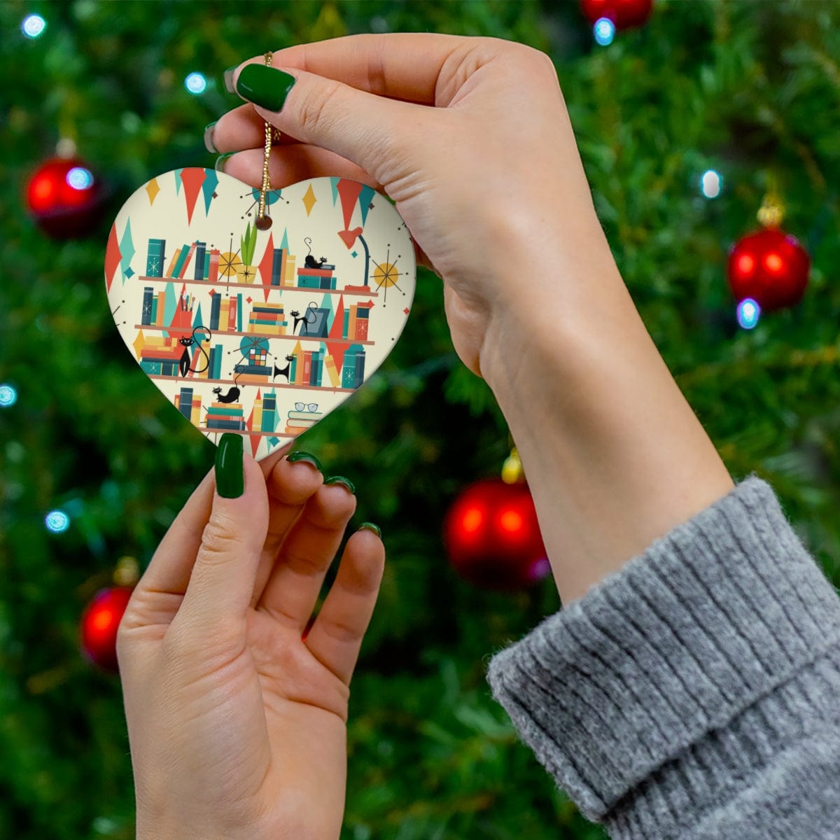 Book Lovers Gifts, Christmas Ceramic Ornament, Atomic Cats, Mid Century Modern Franciscan Pattern X-Mas Retro Ornaments Home Decor