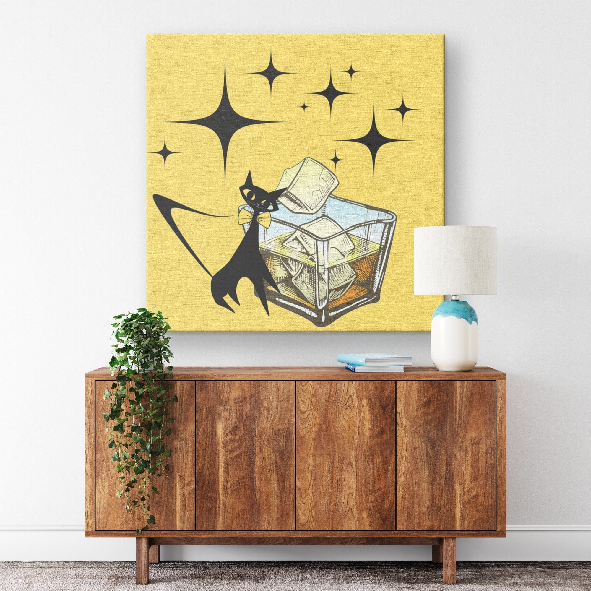 Bourbon Lover, Retro Wall Art, Yellow, Black Starburst Atomic Cat Mid Century Wall Art Wall Art