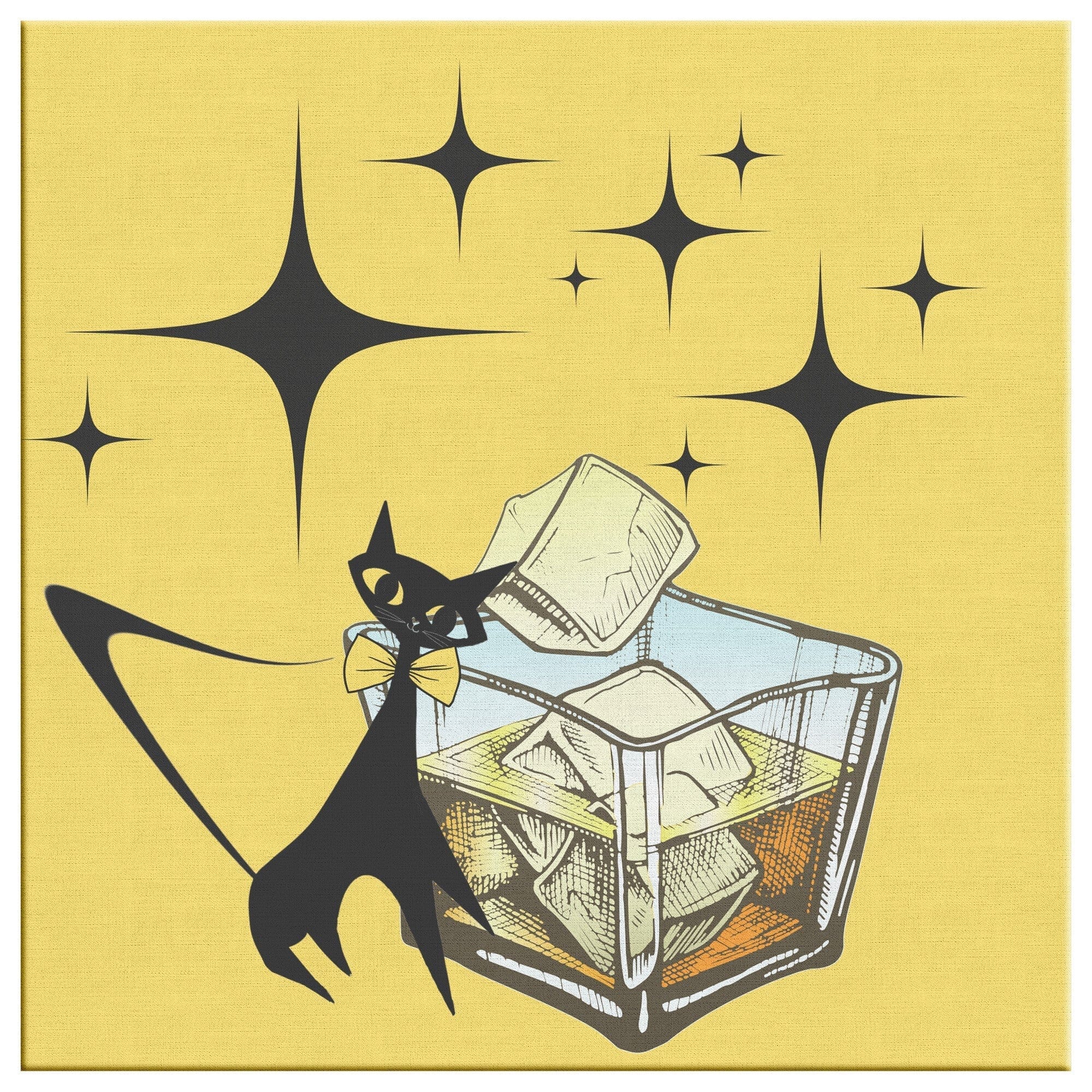 Bourbon Lover, Retro Wall Art, Yellow, Black Starburst Atomic Cat Mid Century Wall Art Wall Art