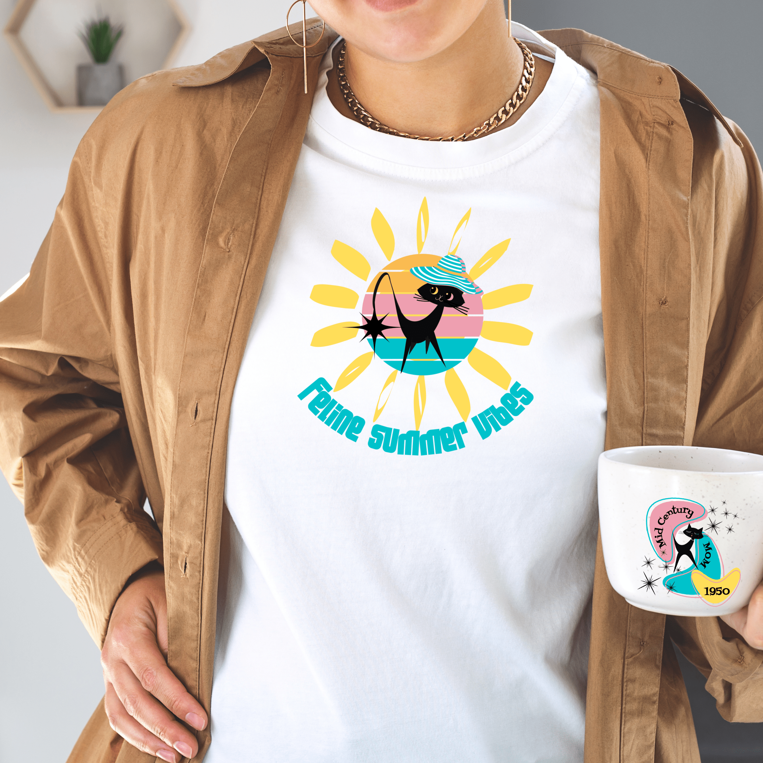 Cat Mod, Atomic Cat, Black Cat Lover, Retro Tee, Feline Summer Vibes, Mid Century Modern Funny T-Shirt Gift For Her T-Shirt