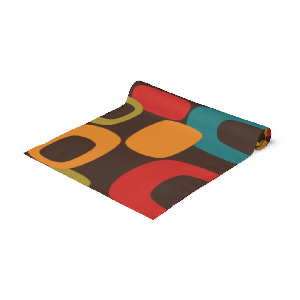 Retro Chocolate Brown Geometric Groovy Teal Blue, Green, Yellow, Burnt Orange, Mid Century Modern Table Runner table runner Chocolate Brown / 90x16
