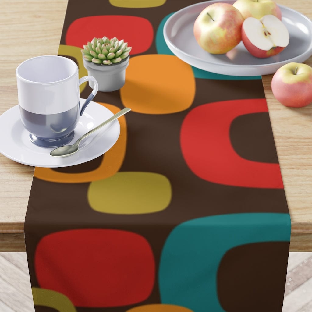 Retro Chocolate Brown Geometric Groovy Teal Blue, Green, Yellow, Burnt Orange, Mid Century Modern Table Runner table runner Chocolate Brown / 90x16