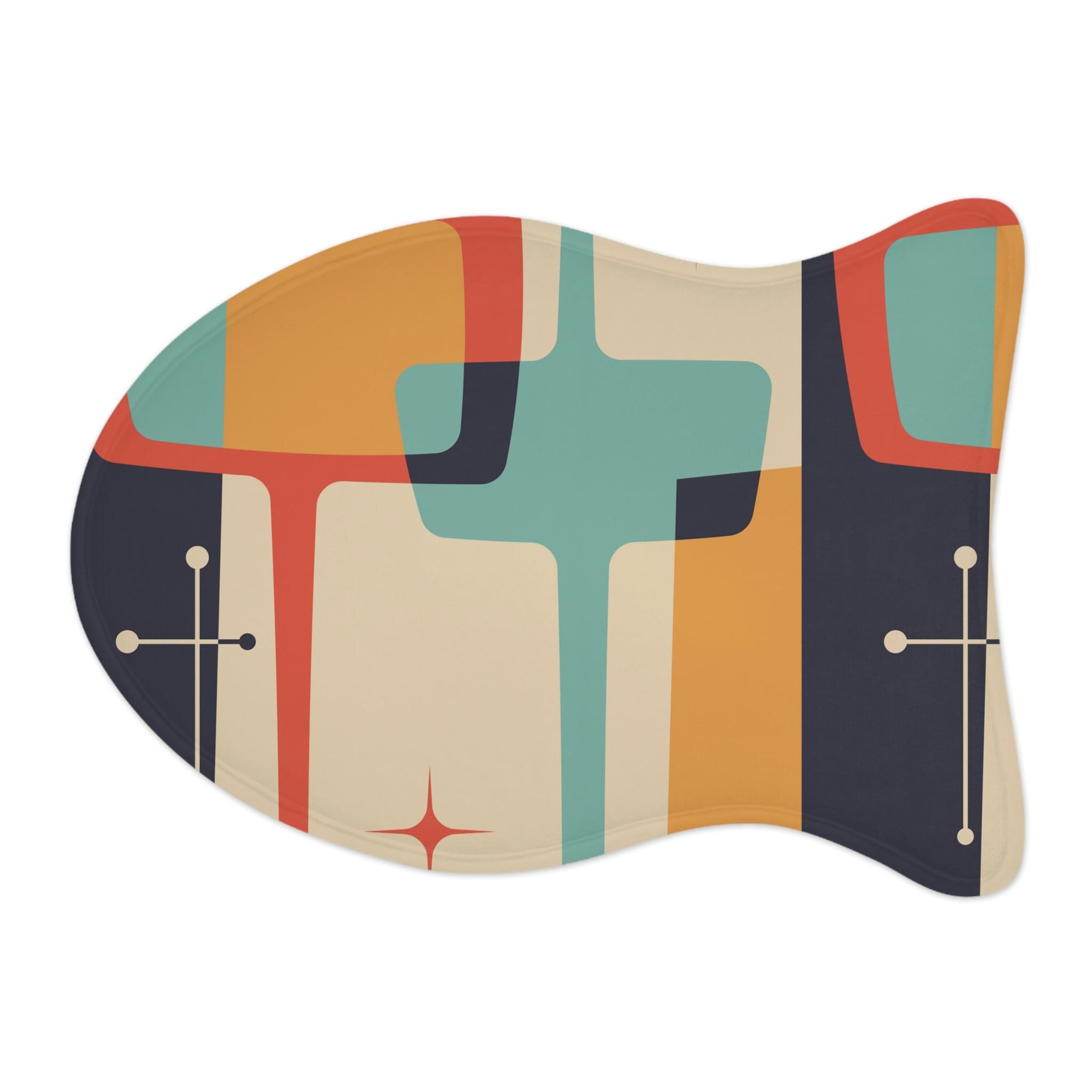 Mid Century Modern, Beige, Charcoal Gray, Mustard Yellow, Aqua Retro, Dog, Cat Pet Feeding Mats Pets Fish shape (19" × 14") / White