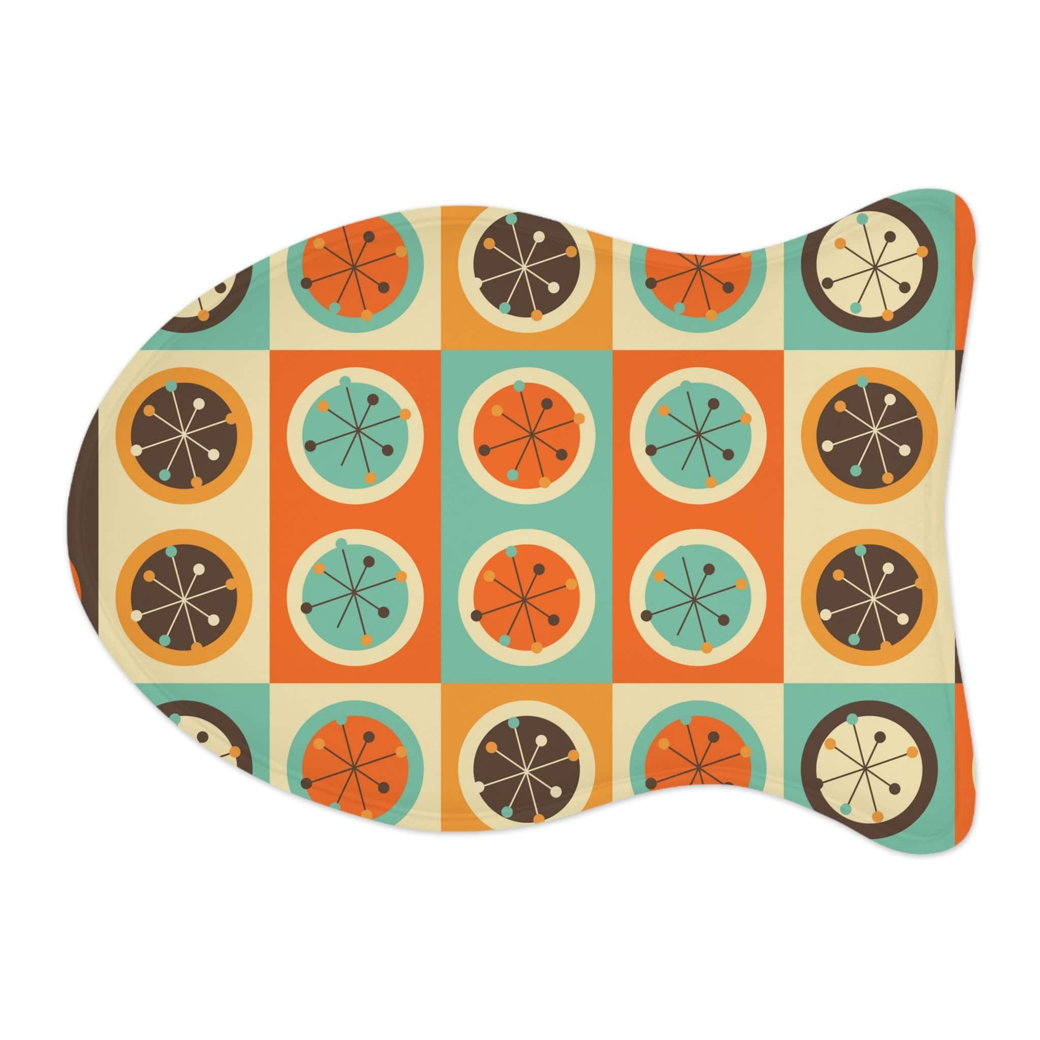 Mid Century Modern, Retro Geometric Circles, Starburst, Dog, Cat, Pet Feeding Mats Pets Fish shape (19" × 14") / White