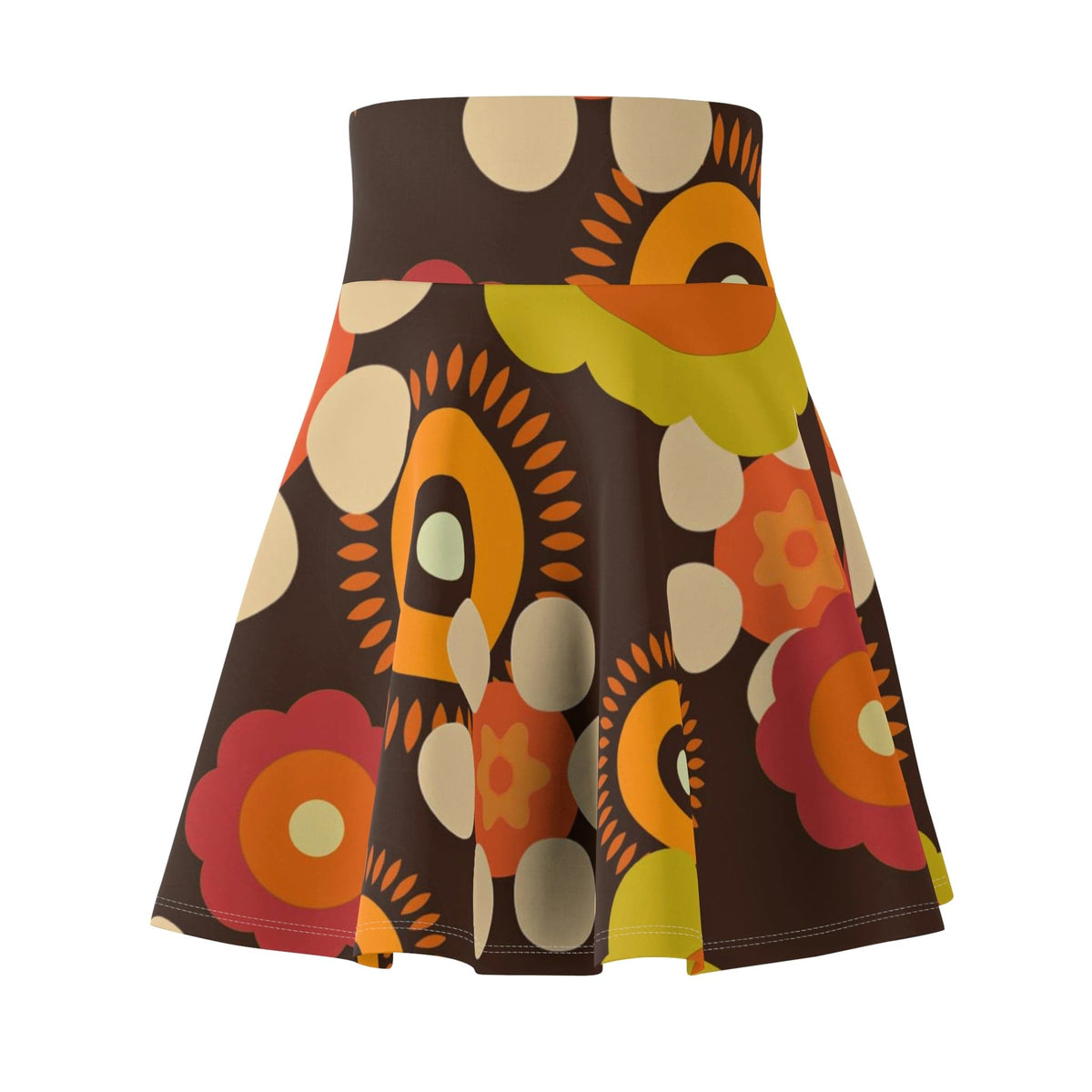 Flower Power 70's Party Disco Skirt, Retro, Brown, Orange, Green Groovy Hipster, Hippie Clothes, Women's Skater Skirt All Over Prints