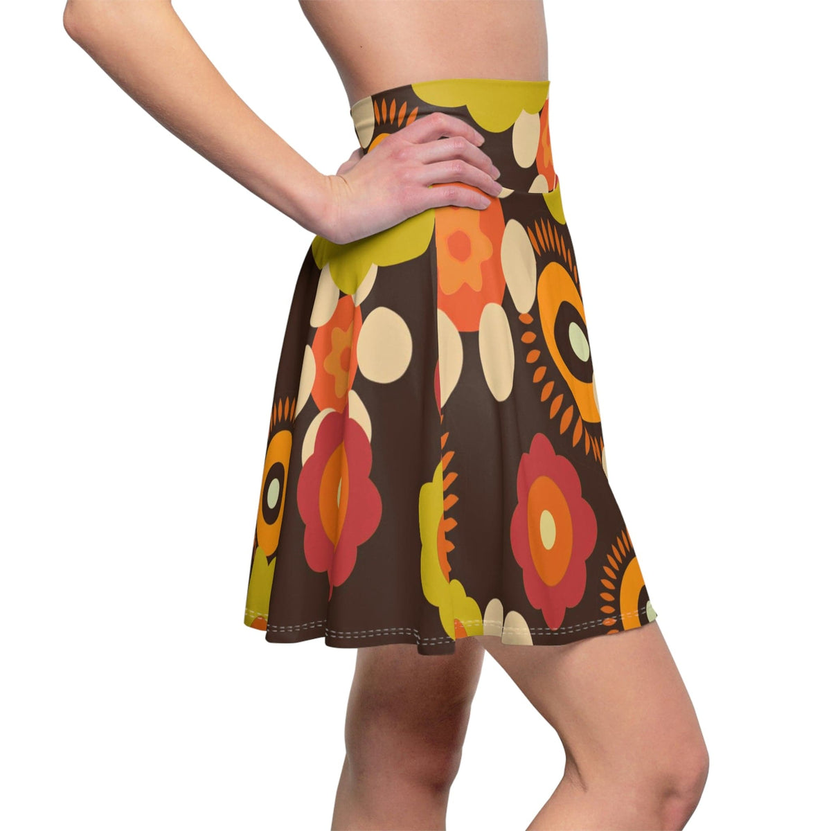 Flower Power 70's Party Disco Skirt, Retro, Brown, Orange, Green Groovy Hipster, Hippie Clothes, Women's Skater Skirt All Over Prints