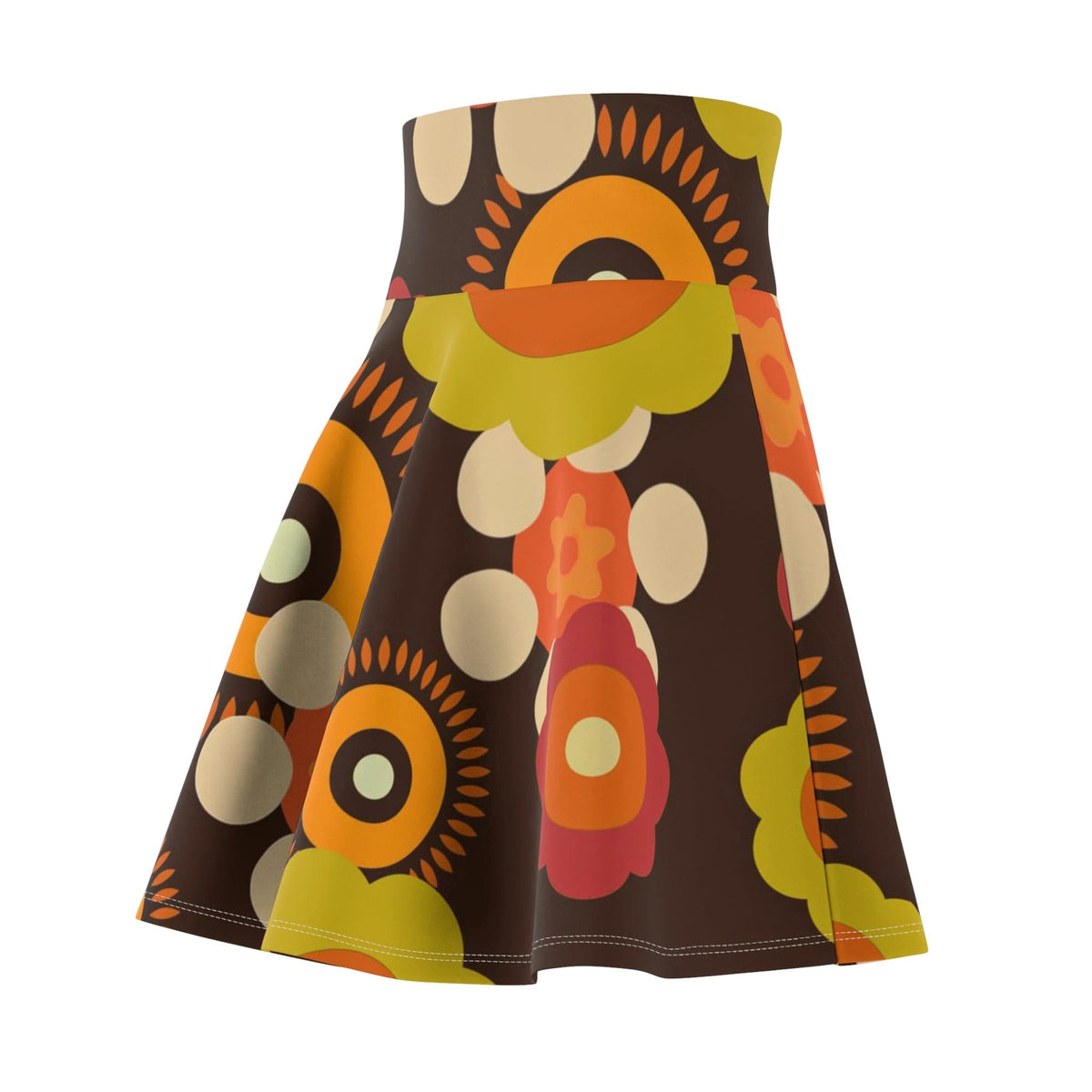 Flower Power 70's Party Disco Skirt, Retro, Brown, Orange, Green Groovy Hipster, Hippie Clothes, Women's Skater Skirt All Over Prints