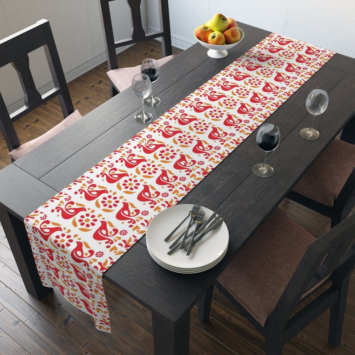 Folk Art, Circle of Friends, Red, Yellow Retro Table Runner Home Decor