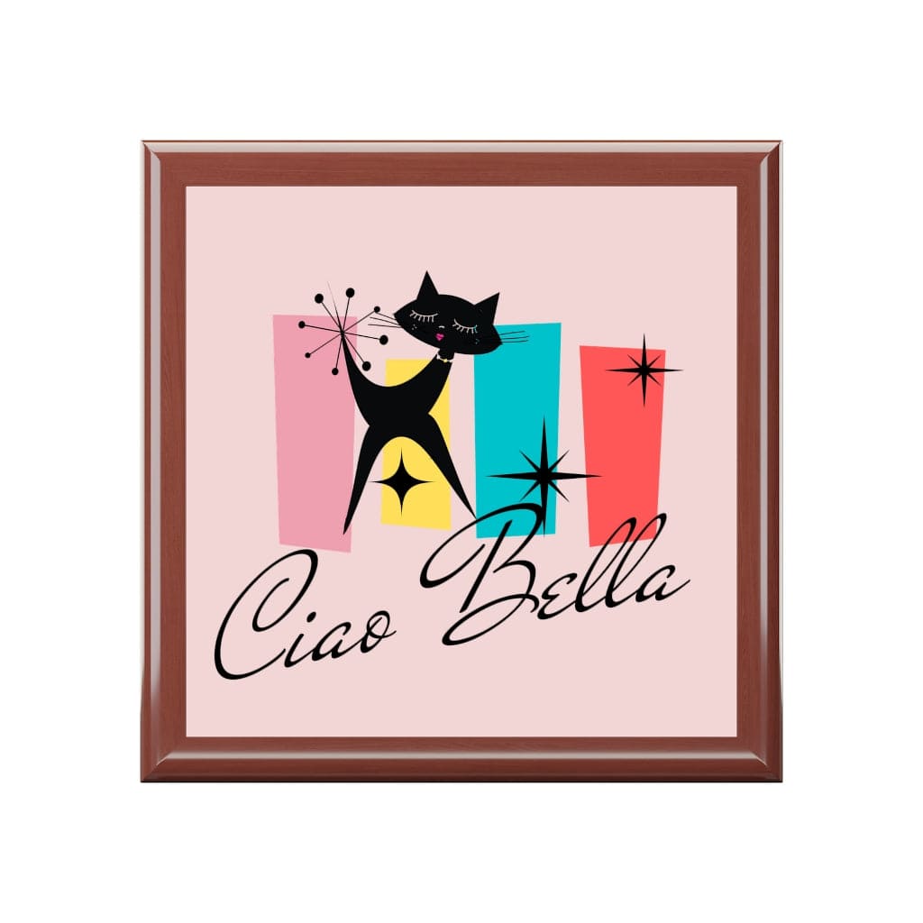 Ciao Bella, Atomic Cat, Retro Mid Mod Keepsake, Hello Beautiful Jewelry Box Home Decor Golden Oak / One size
