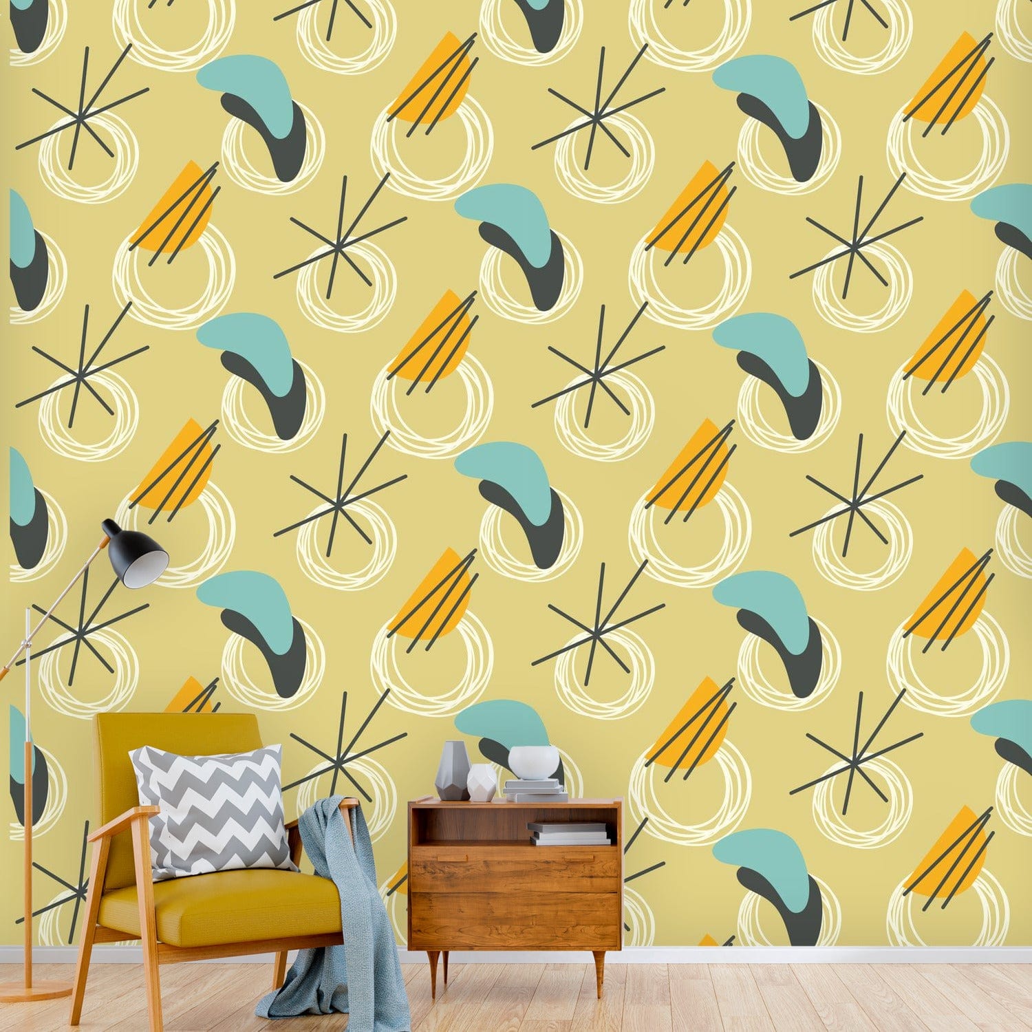 Mid Century Modern Peel And Stick, Yellow, Blue, Gray Boomerang, Retro Wall Murals Wallpaper H110 x W120