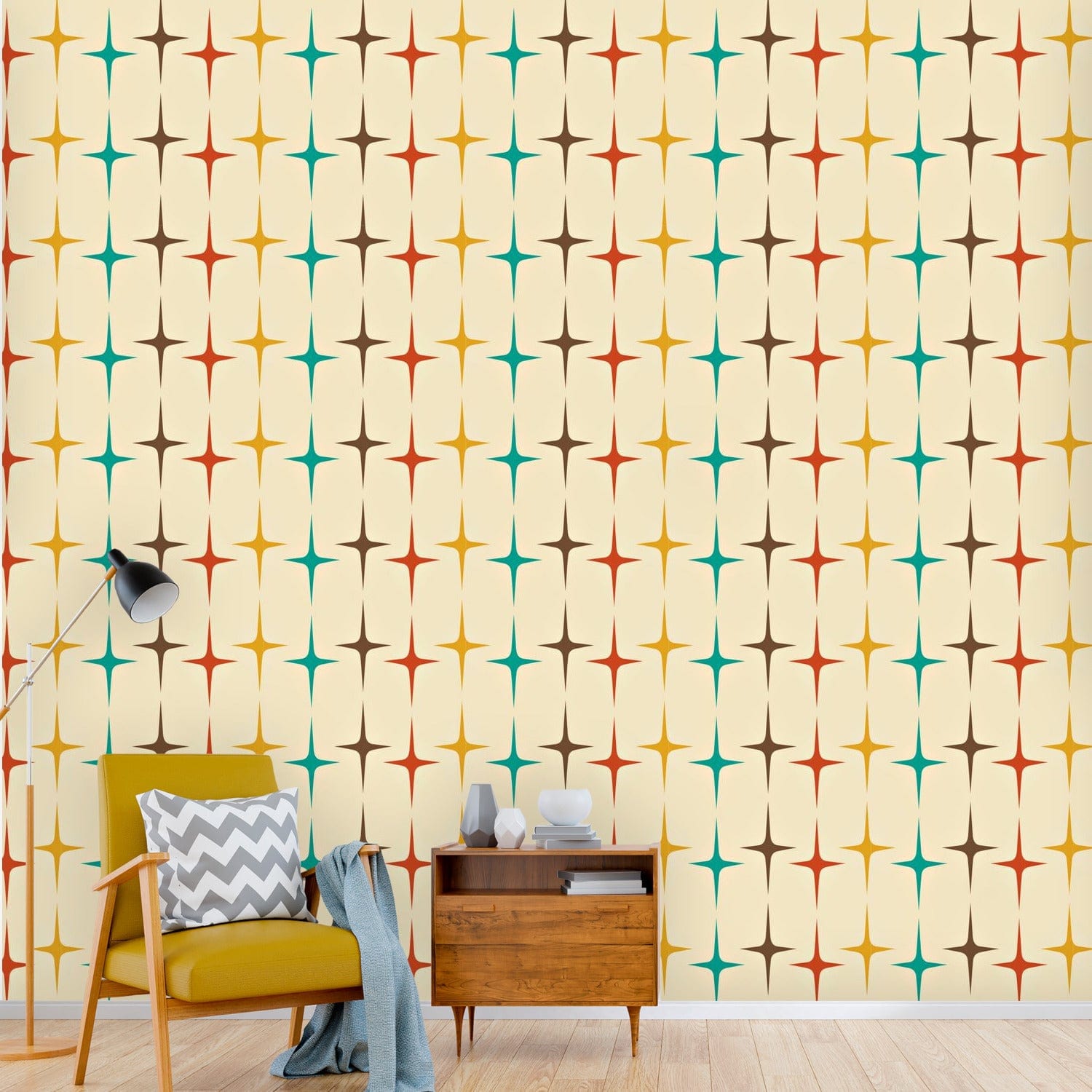 Mid Century Modern Wall Art Murals, Atomic Starburst Diamonds, Peel And Stick Wall Paper Wallpaper H110 x W120