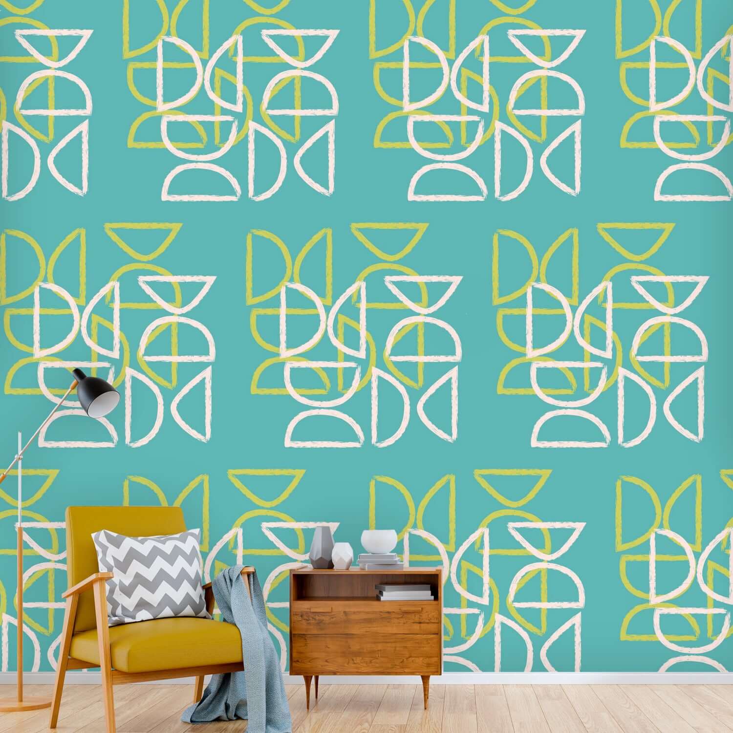 Tiki Wall Mural, Peel And Stick , Teal Blue, Abstract, Mid Century Modern Wall Murals Wall Paper H110 x W120