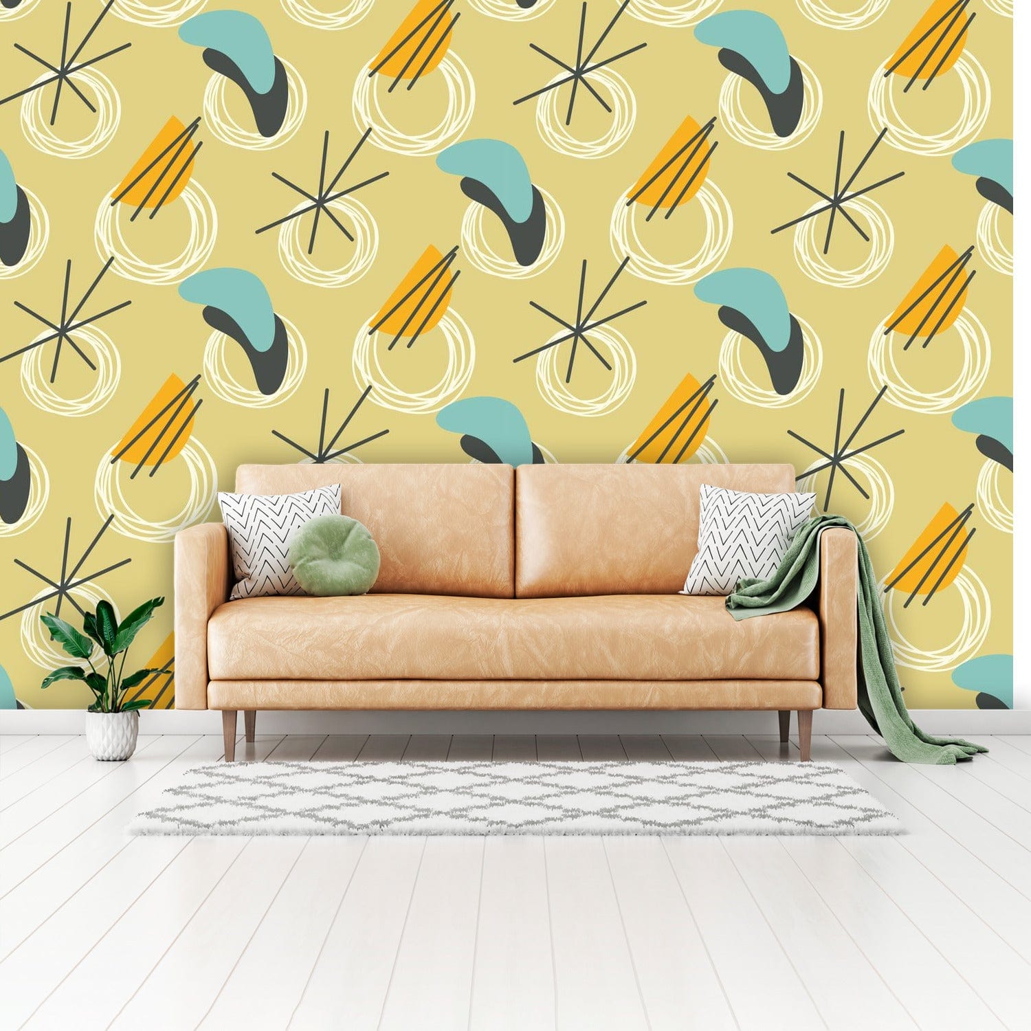 Mid Century Modern Peel And Stick, Yellow, Blue, Gray Boomerang, Retro Wall Murals Wallpaper H110 x W160