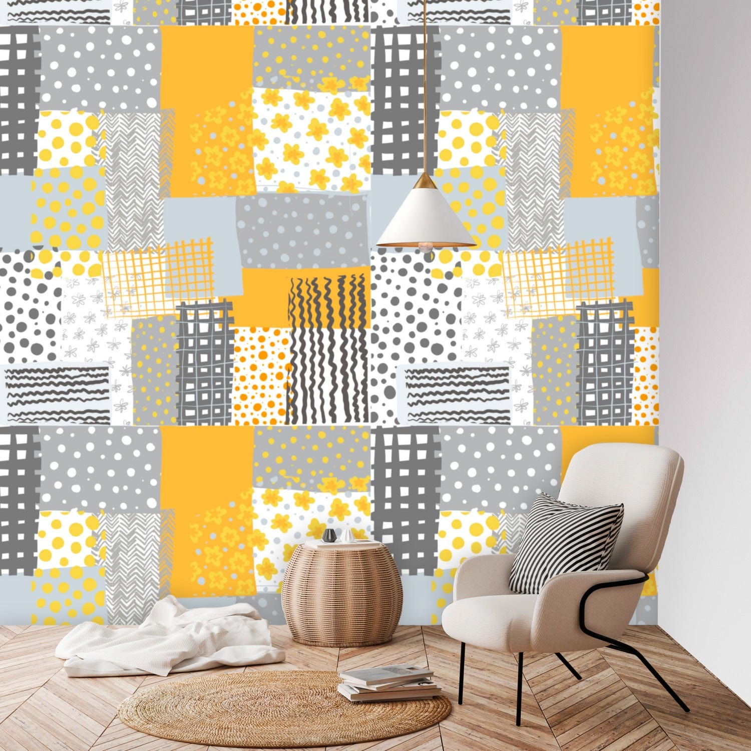 Retro Abstract Art, Peel And Stick, Gray, Yellow, White, Floral