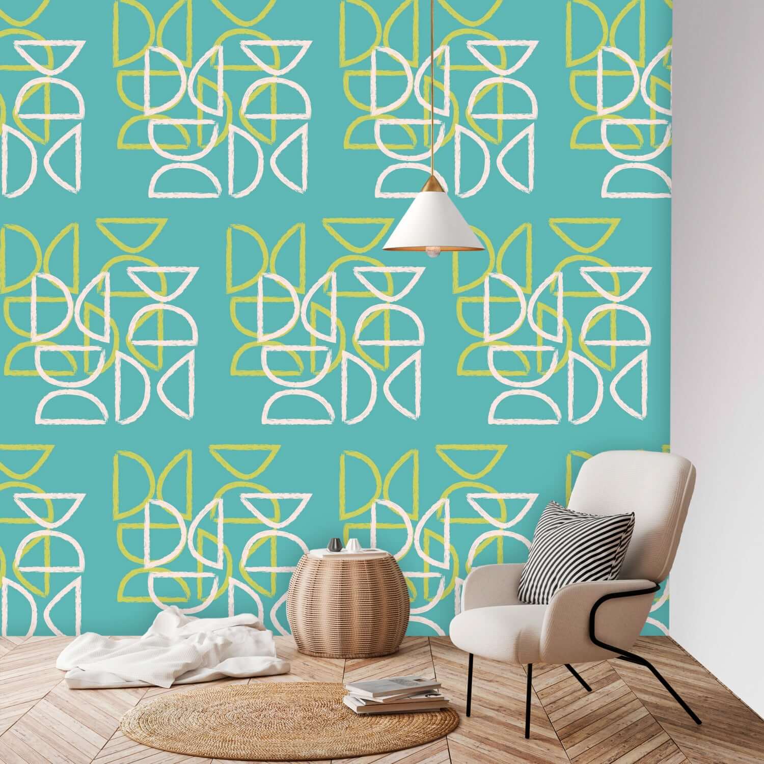 Tiki Wall Mural, Peel And Stick , Teal Blue, Abstract, Mid Century Modern Wall Murals Wall Paper H96 x W100