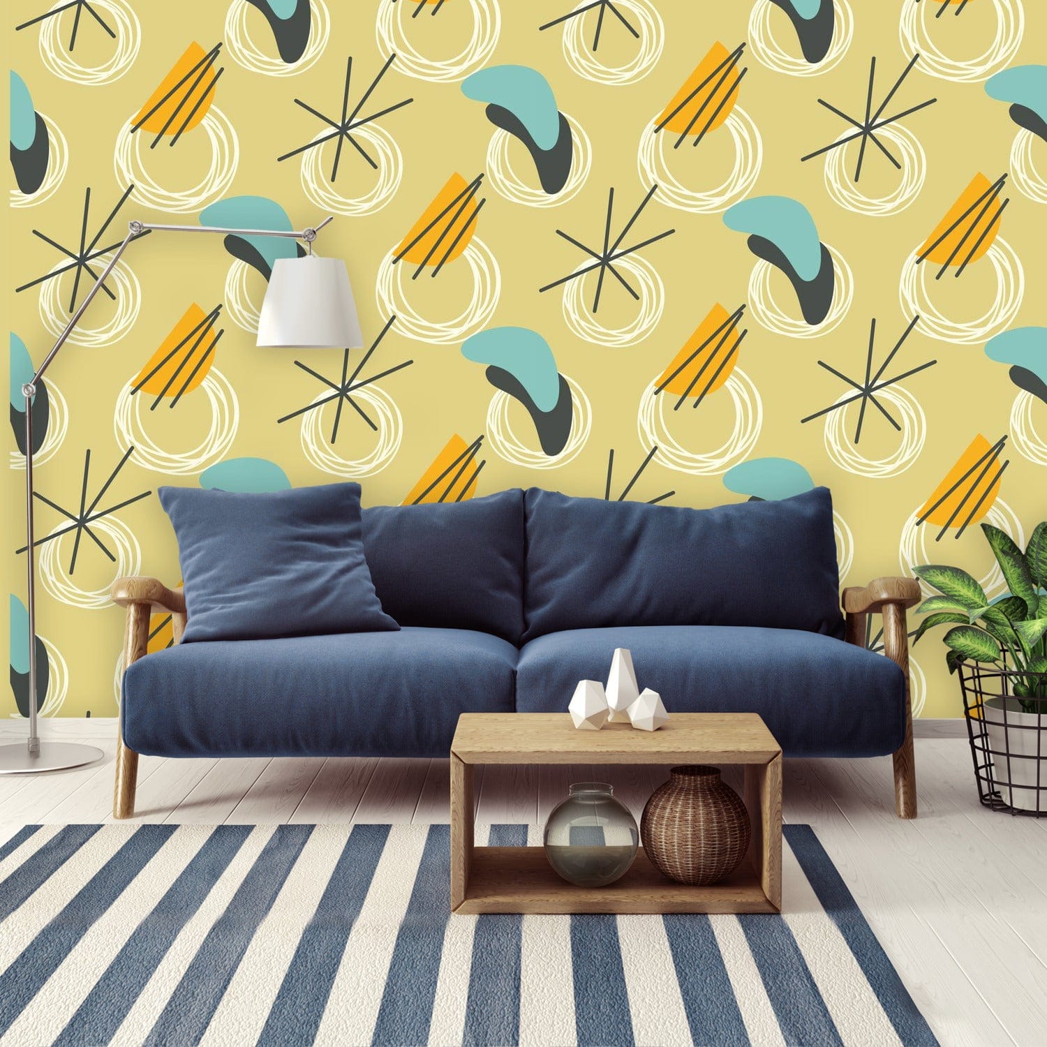 Mid Century Modern Peel And Stick, Yellow, Blue, Gray Boomerang, Retro Wall Murals Wallpaper H96 x W140
