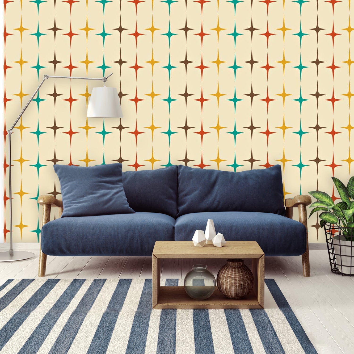 Mid Century Modern Wall Art Murals, Atomic Starburst Diamonds, Peel And Stick Wall Paper Wallpaper H96 x W140