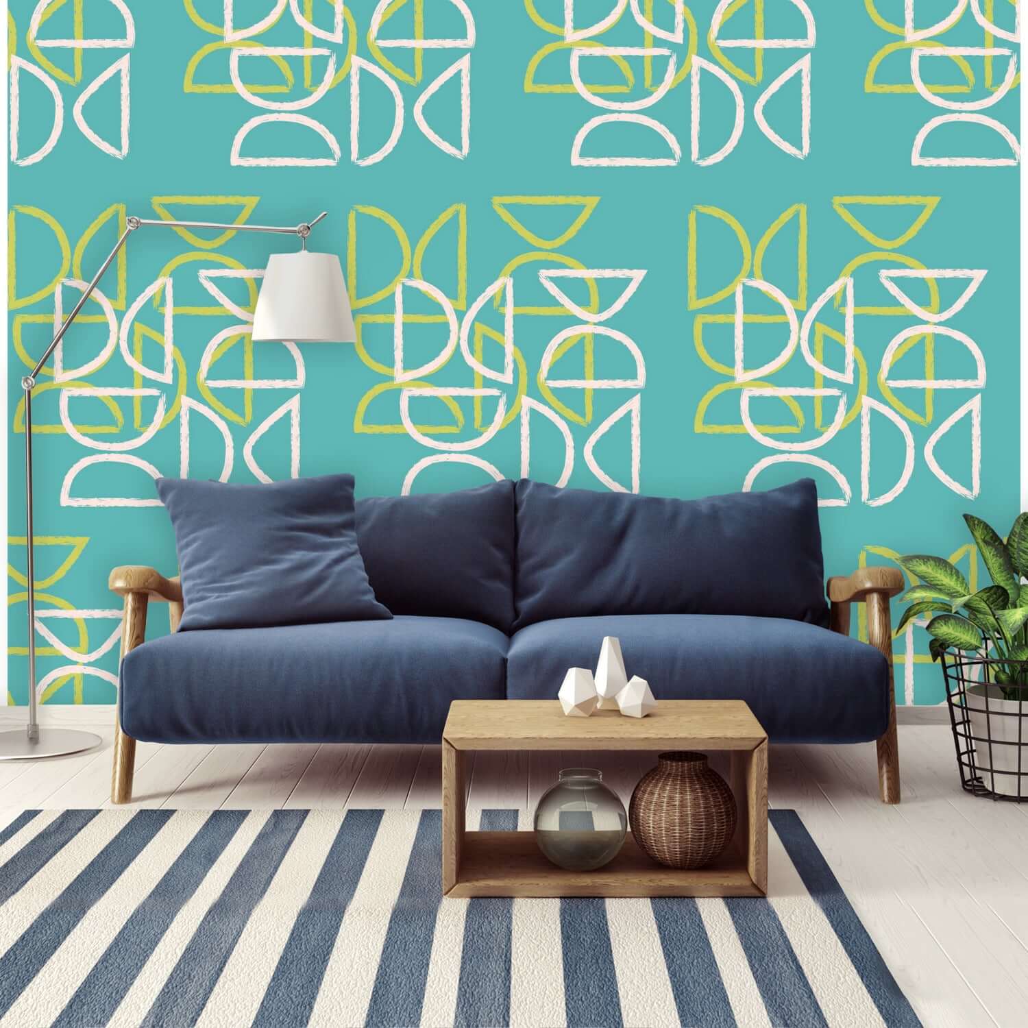 Tiki Wall Mural, Peel And Stick , Teal Blue, Abstract, Mid Century Modern Wall Murals Wall Paper H96 x W140