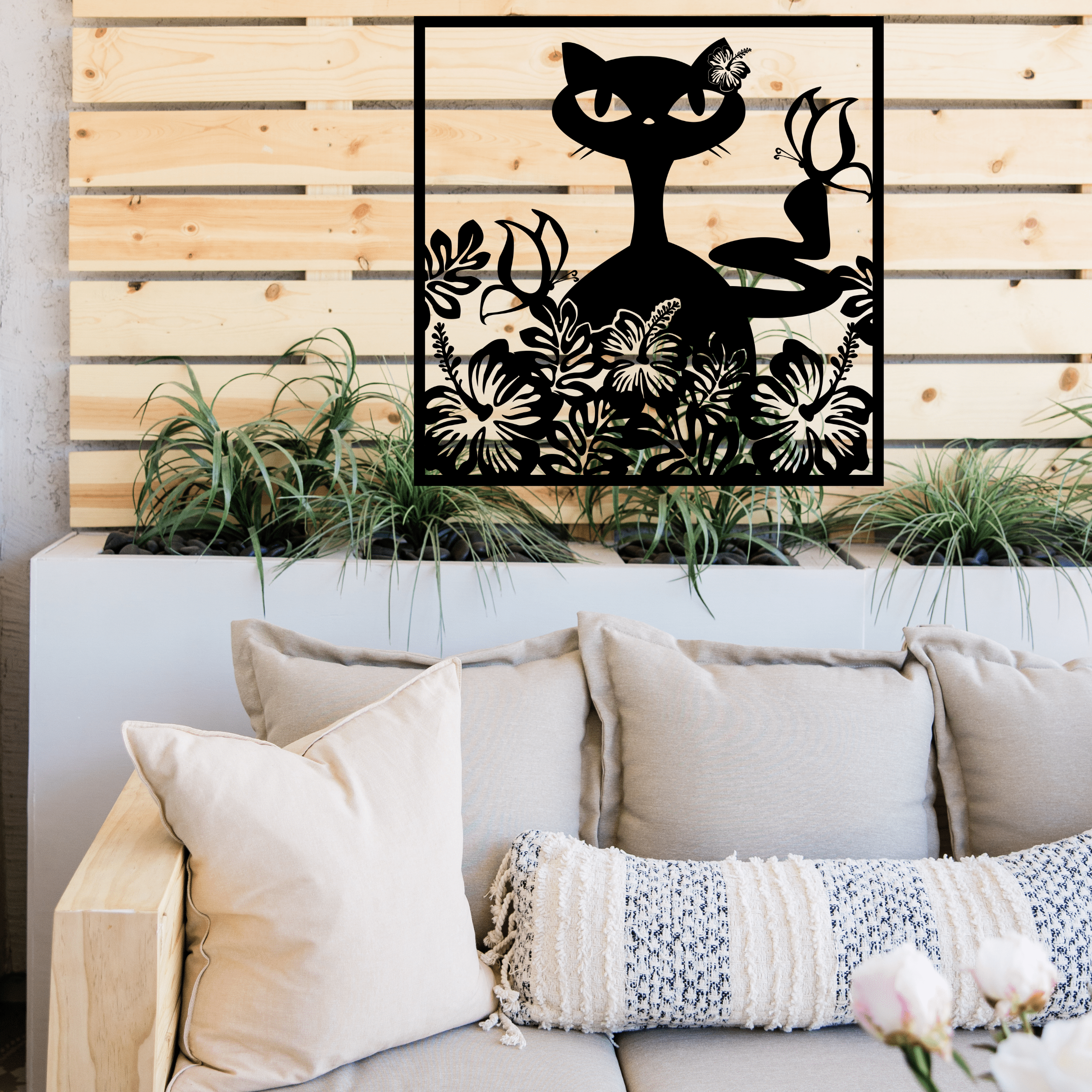 Hawaiian Retro, Mid Mod Cat, Hibiscus Flowers, Tropical Mid Century Modern Wall Art Wall Art