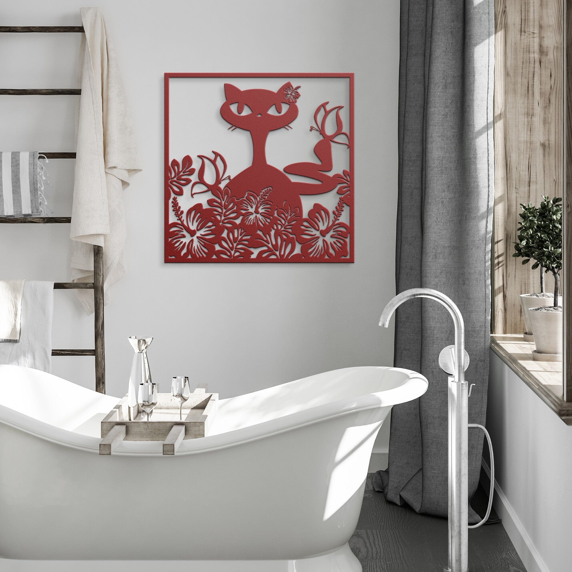 Hawaiian Retro, Mid Mod Cat, Hibiscus Flowers, Tropical Mid Century Modern Wall Art Wall Art