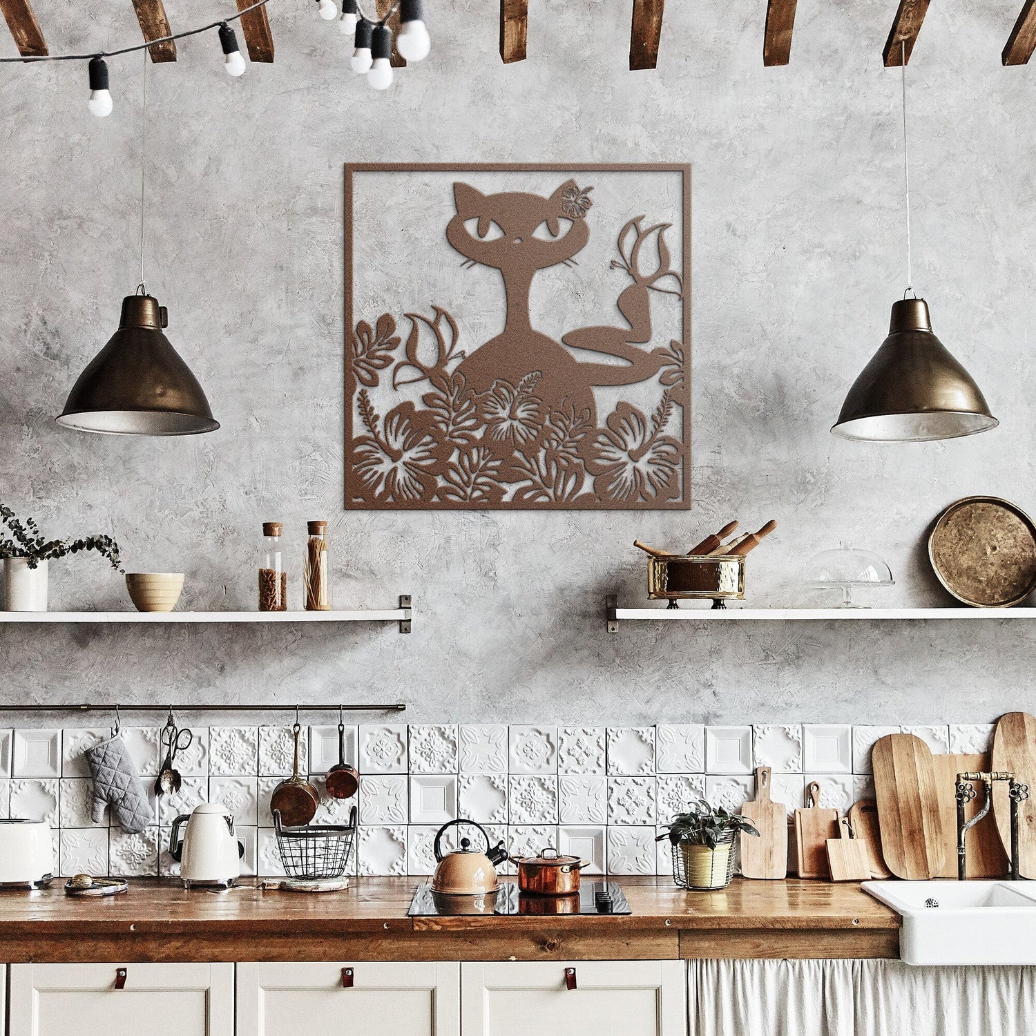 Hawaiian Retro, Mid Mod Cat, Hibiscus Flowers, Tropical Mid Century Modern Wall Art Wall Art