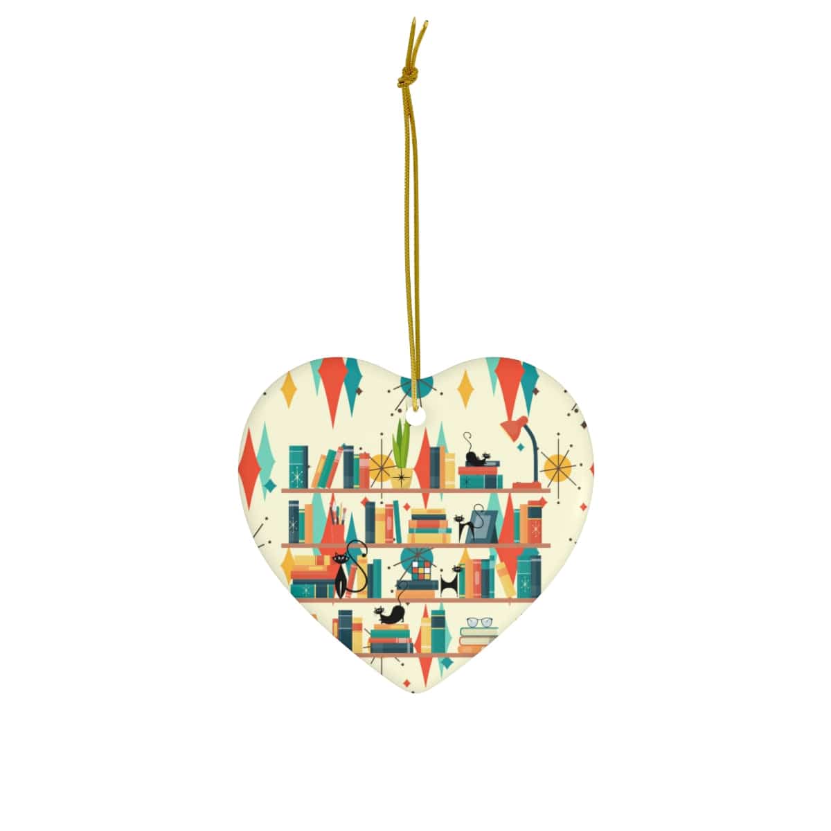 Book Lovers Gifts, Christmas Ceramic Ornament, Atomic Cats, Mid Century Modern Franciscan Pattern X-Mas Retro Ornaments Home Decor Heart / One Size