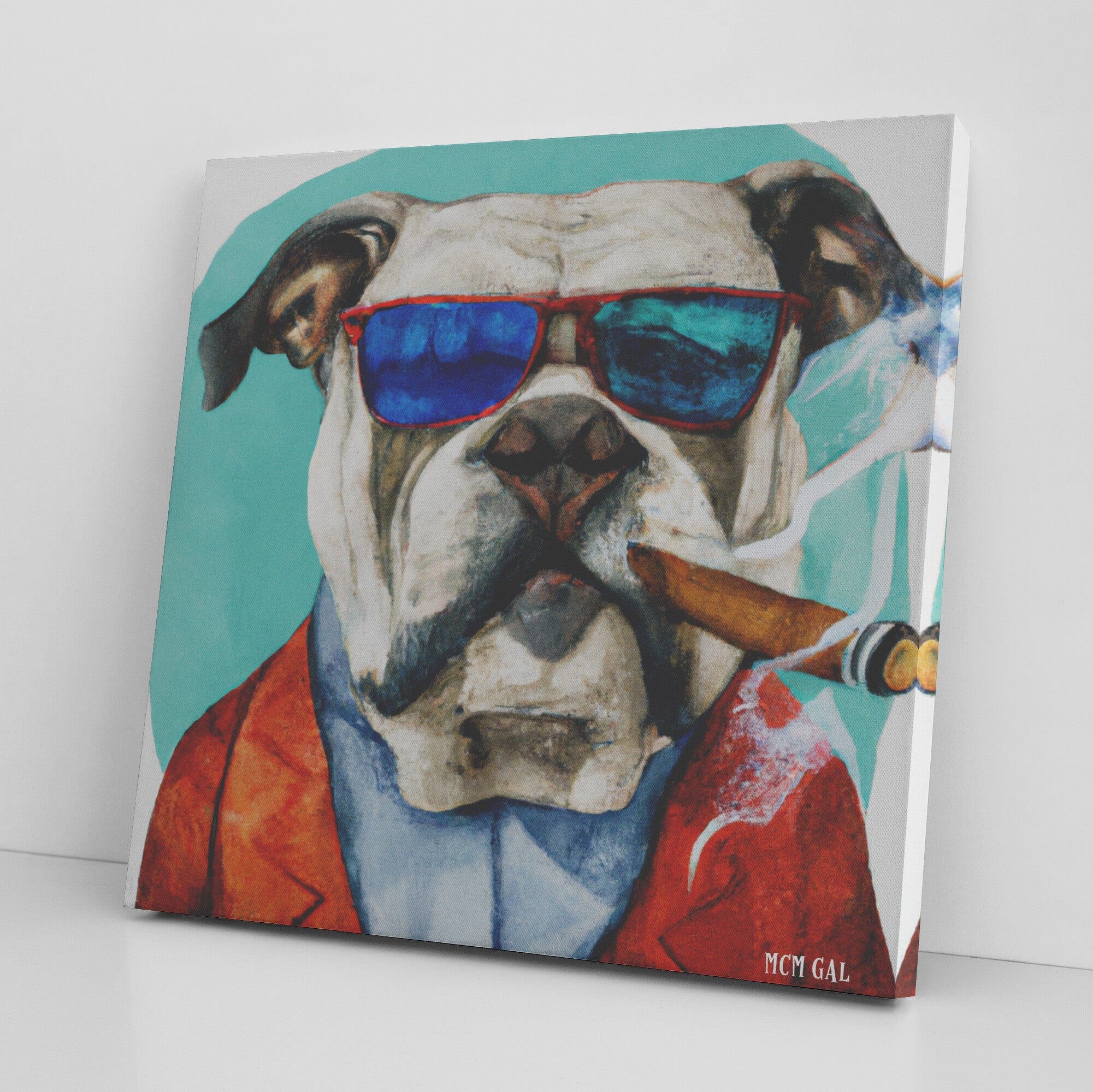 Hipster Bull Dog Art, Smoking Cigar, Mid Century Modern Canvas Custom Wall Art Wall Art