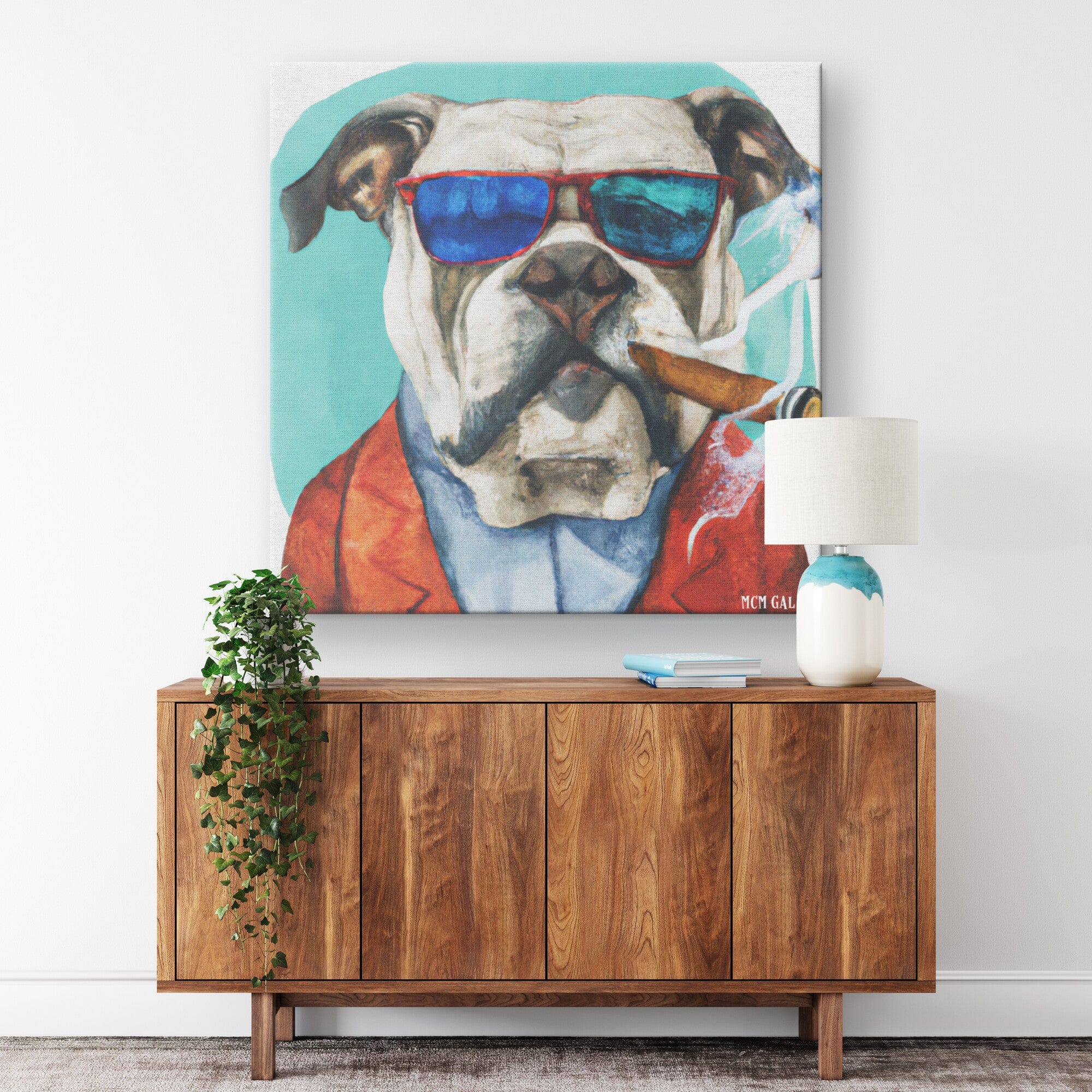 Hipster Bull Dog Art, Smoking Cigar, Mid Century Modern Canvas Custom Wall Art Wall Art