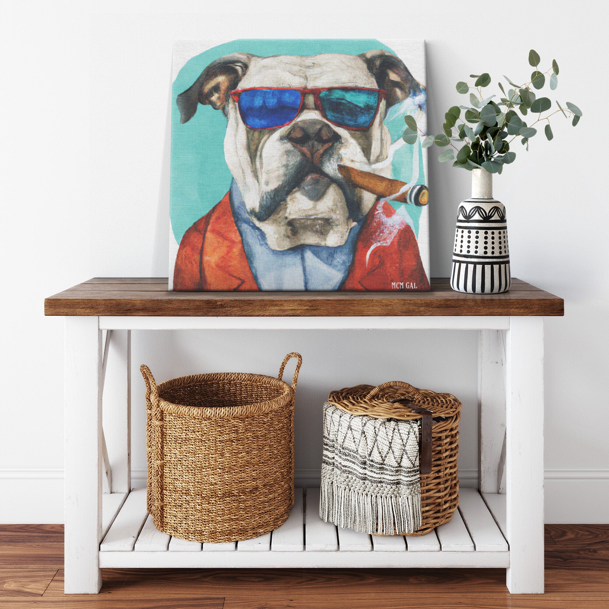 Hipster Bull Dog Art, Smoking Cigar, Mid Century Modern Canvas Custom Wall Art Wall Art