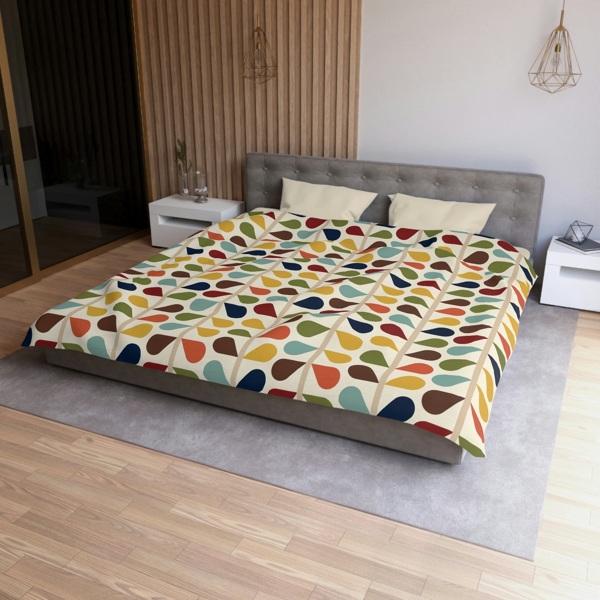 Modern Danish, Scandinavian Flower Design, Minimalist, Mid Century Modern Custom, Green, Yellow, Orange, Aqua Blue, Retro Mod Duvet Cover Home Decor King / Cream