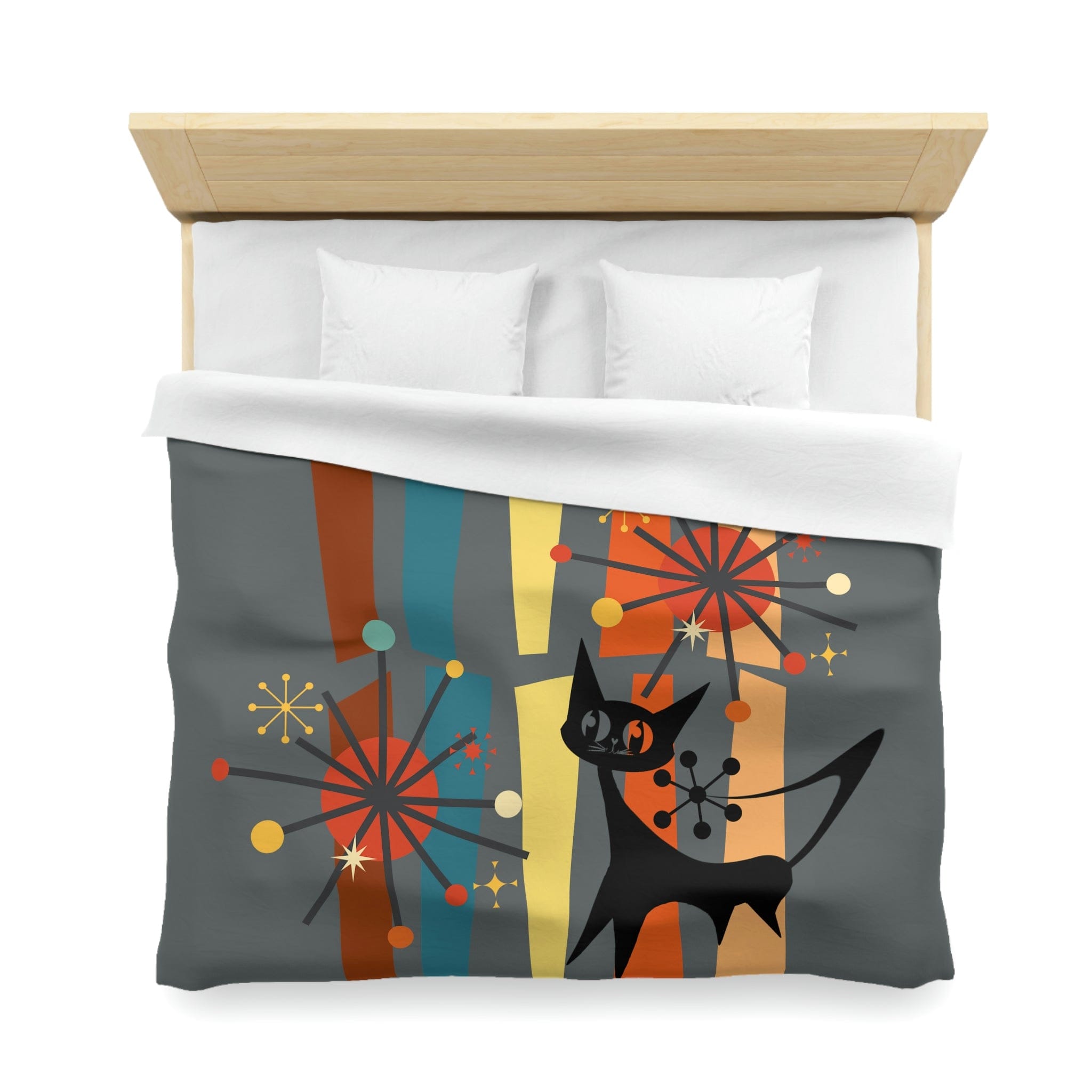 Atomic Cat, Kitschy Retro Geometric, Mid Century Modern, Slate Gray, Orange, Brown, Mod Black Cat Lover, Minimalist Duvet Bedding Home Decor King / White