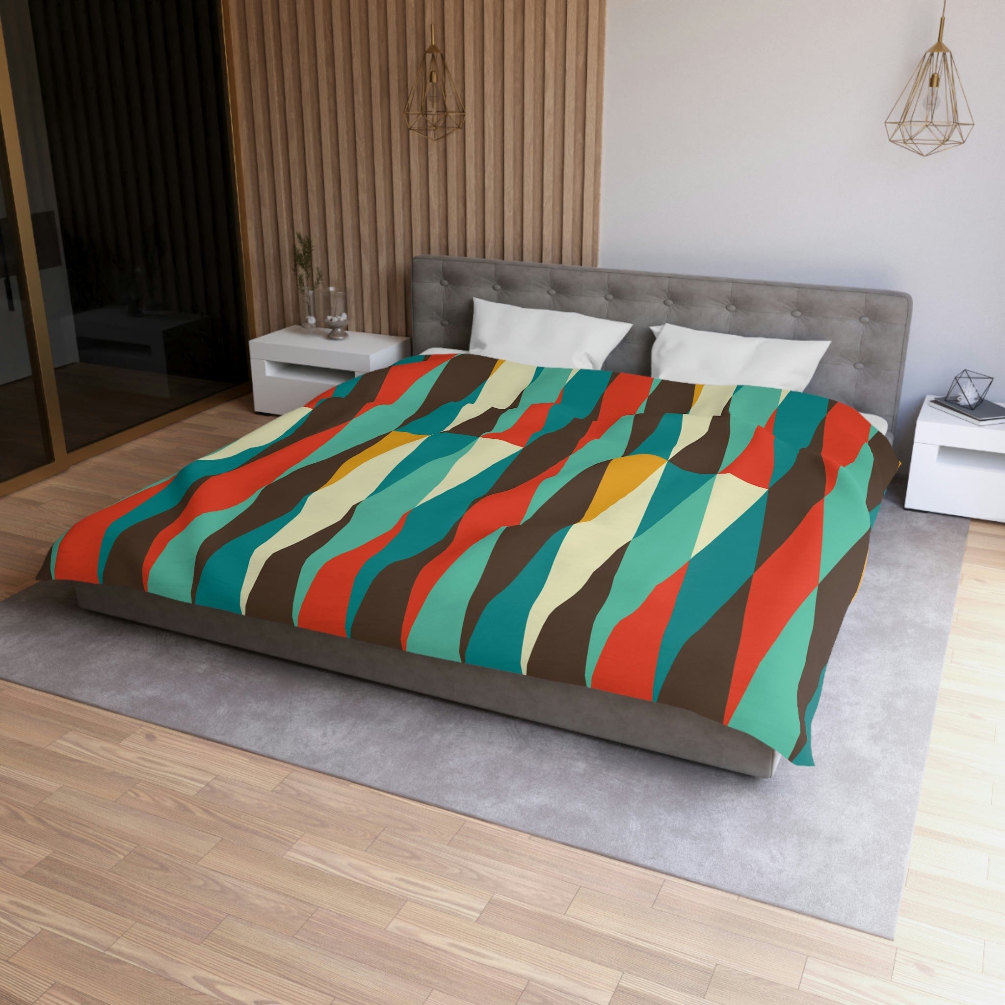 Mid Century Modern Bedding, Teal Blue, Cream, Burnt Orange, Chocolate Brown Geometric Atomic Diamonds MCM Mod Duvet Cover Home Decor King / White