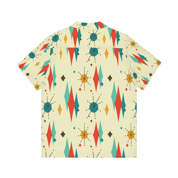 Men's Hawaiian Shirt, MCM Retro, Starburst, Beige, Teal, Yellow, Astro Century Mid Modern Casual Summer Party Shirt