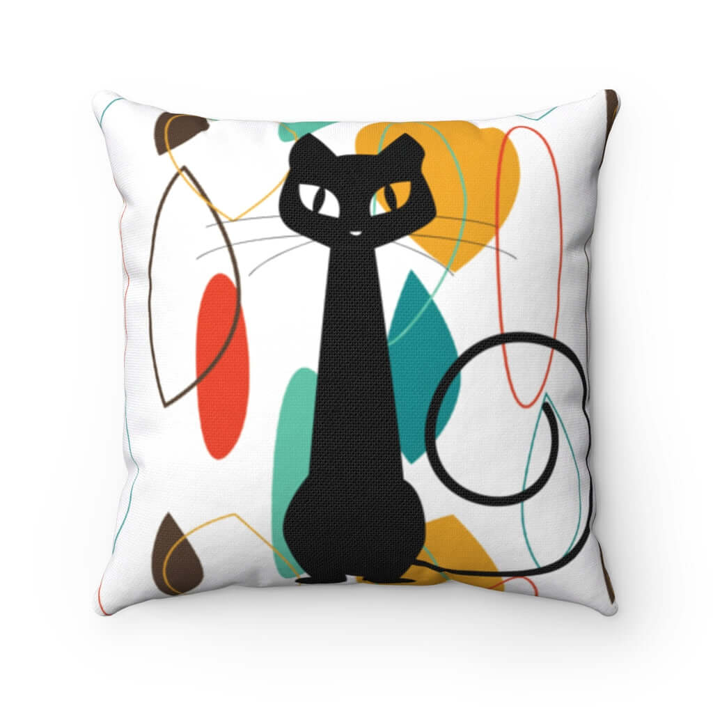 Mid Century Atomic Cat Retro Mustard Yellow Groovy Spun Polyester Square Pillow Home Decor