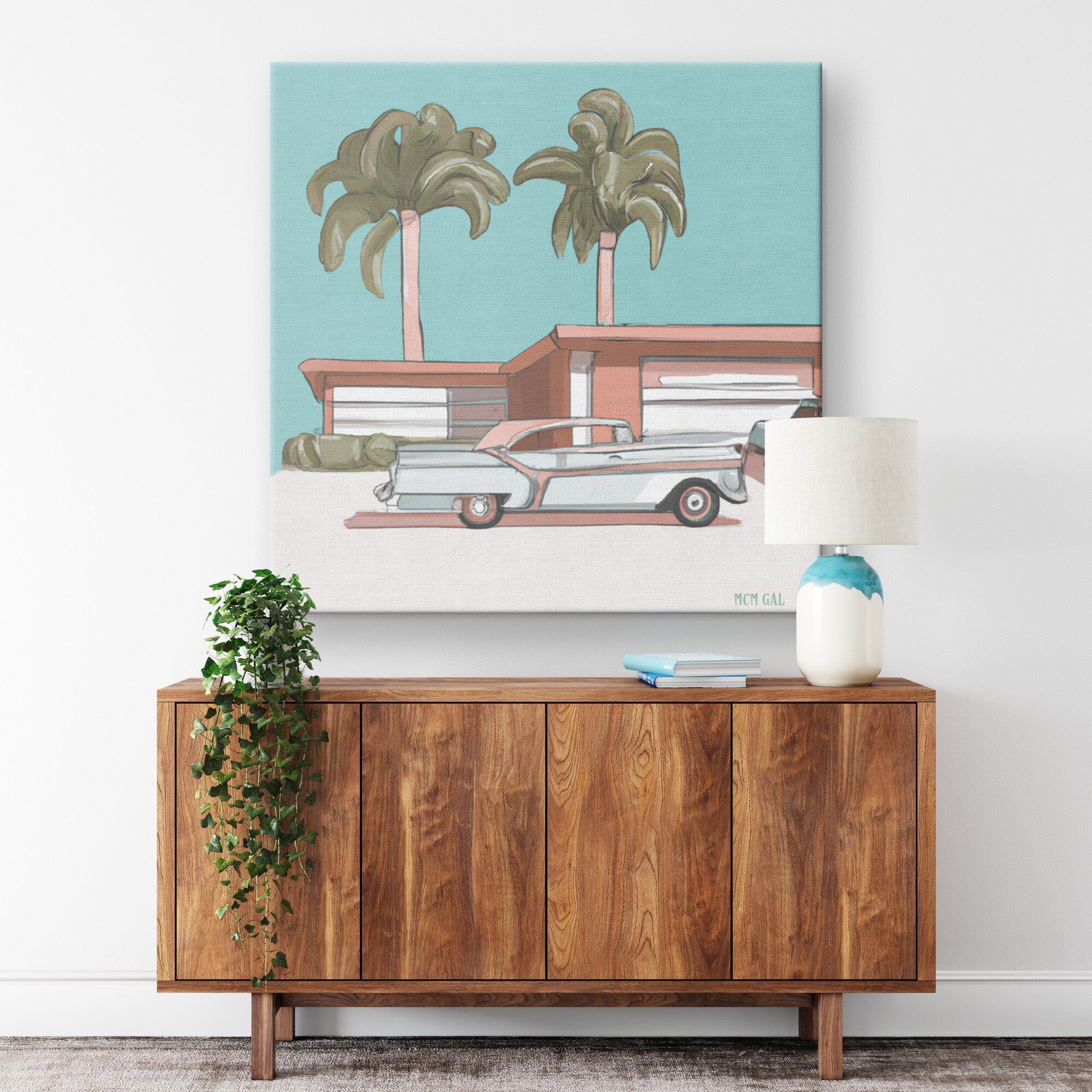 Mid Century Decor, Mod House, Classic Retro Car, Palm Spring California Canvas Wall Art Wall Art