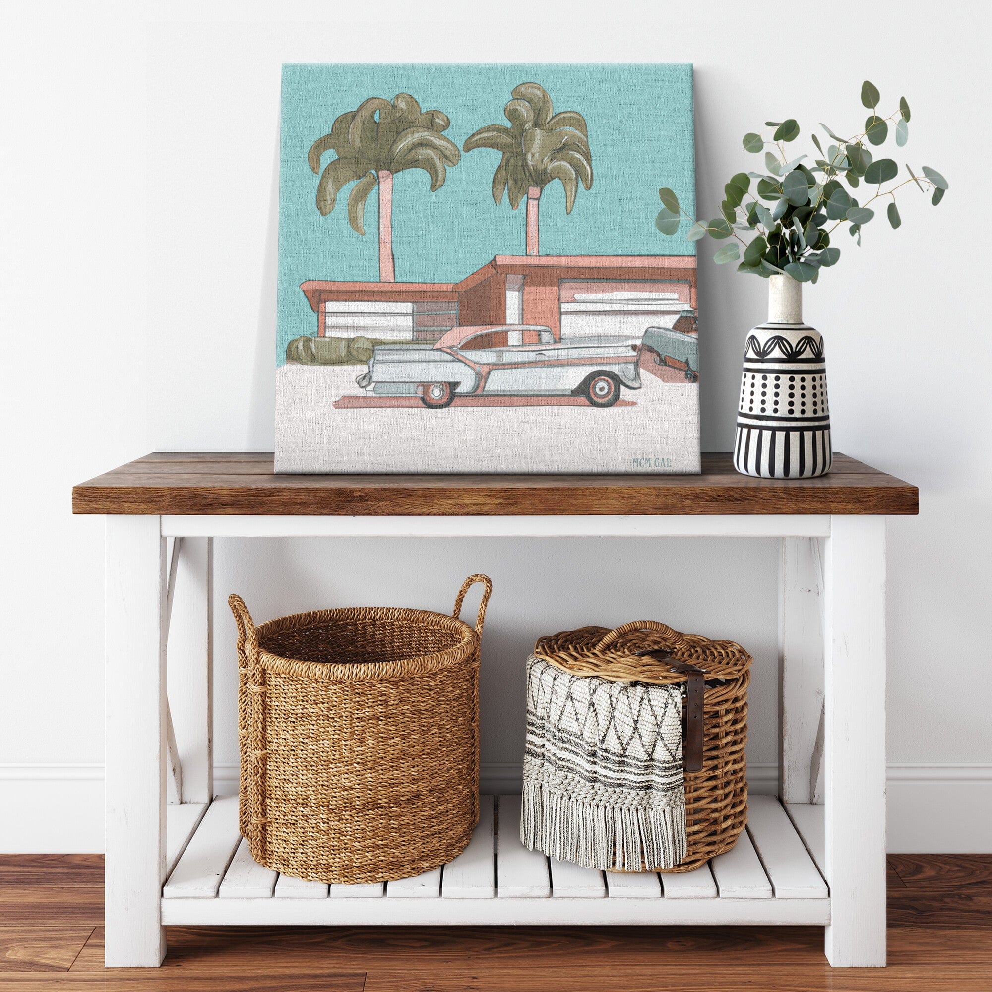 Mid Century Decor, Mod House, Classic Retro Car, Palm Spring California Canvas Wall Art Wall Art