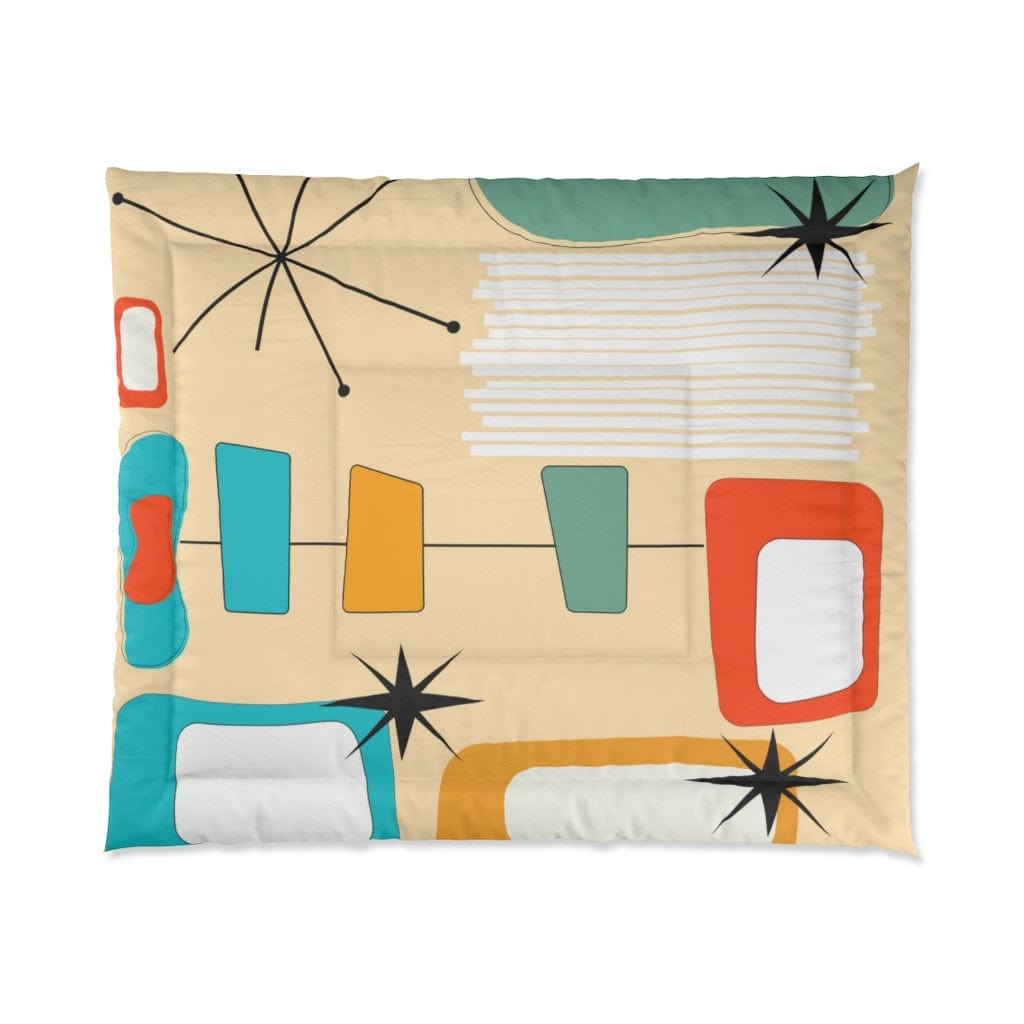 Mid Century Design Bedding, Beige, Aqua Blue, Yellow, Geometric Abstract Art, Mid Mod King Or Queen Comforter Home Decor