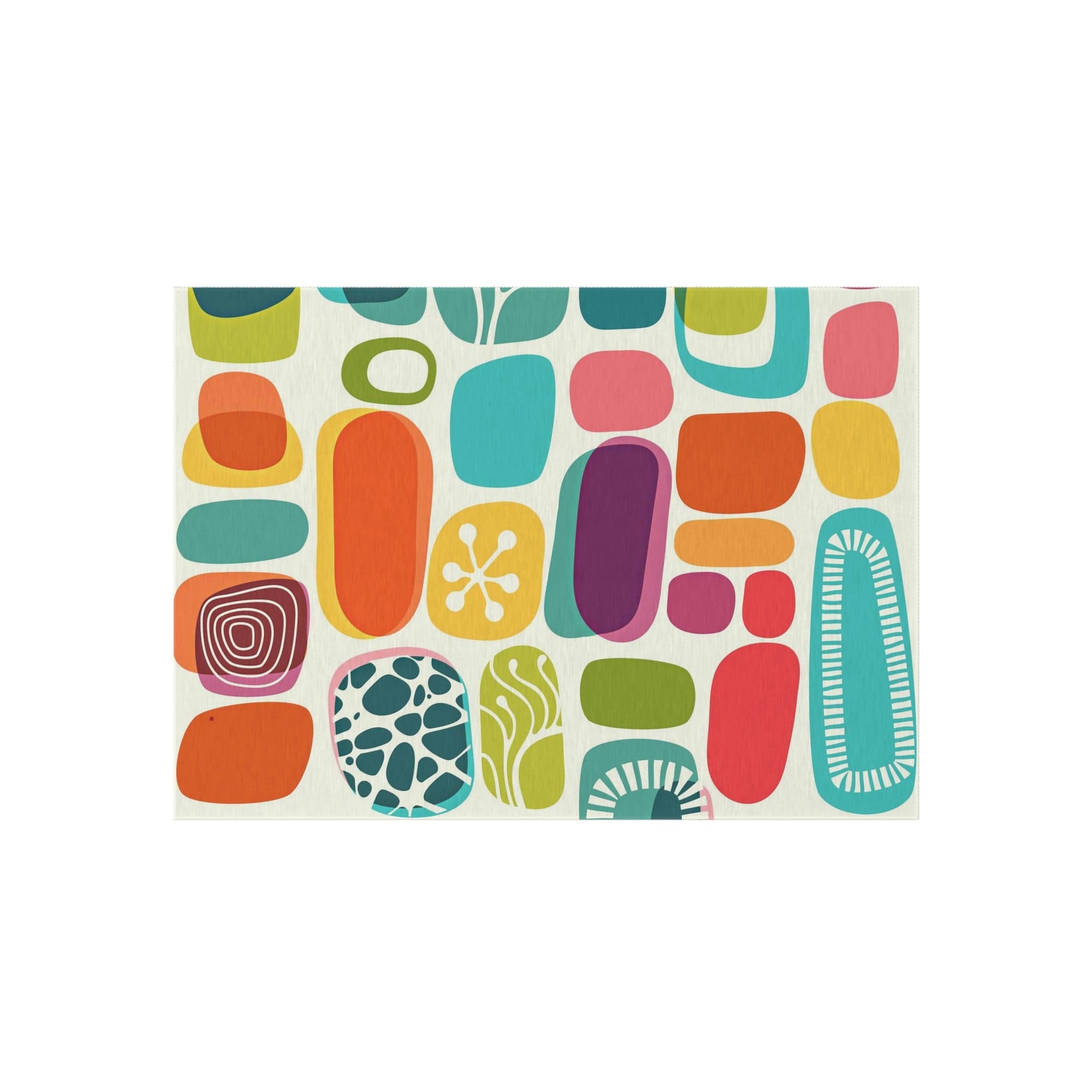 Mid Century Modern, Abstract, Geometric Mod Amoeba, Retro, Indoor Polyester, Orange, Purple, Aqua, Mustard Yellow Outdoor Rug Home Decor