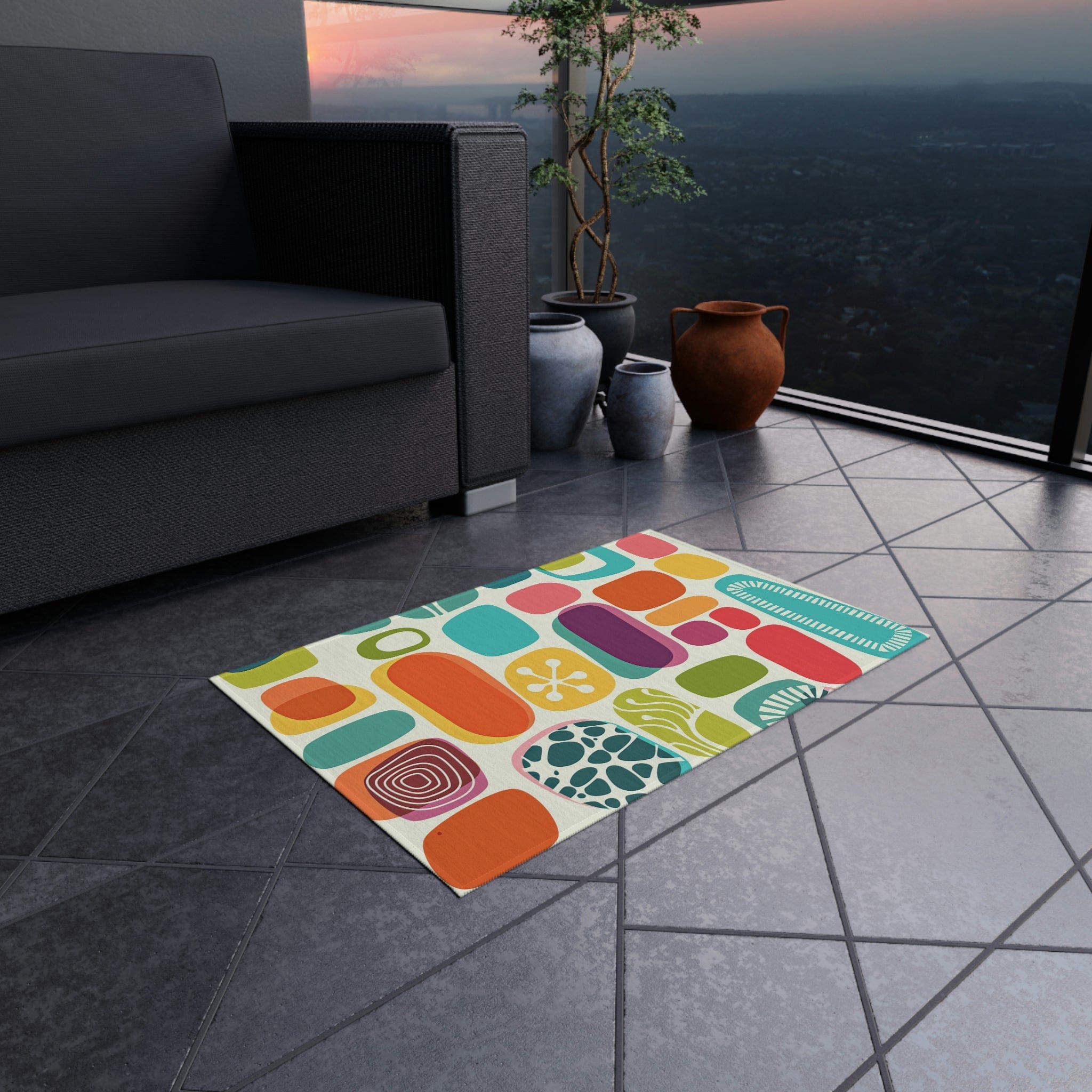 Mid Century Modern, Abstract, Geometric Mod Amoeba, Retro, Indoor Polyester, Orange, Purple, Aqua, Mustard Yellow Outdoor Rug Home Decor