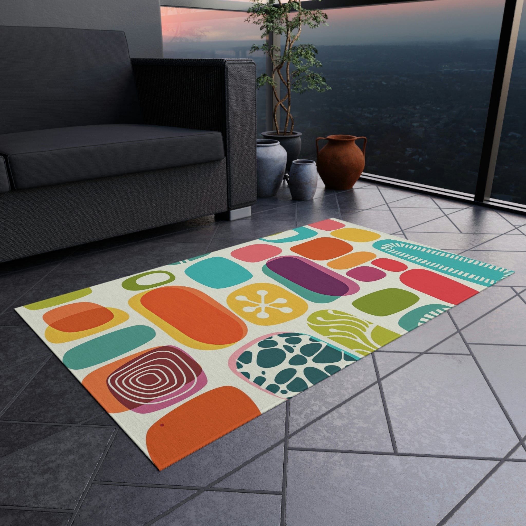 Mid Century Modern, Abstract, Geometric Mod Amoeba, Retro, Indoor Polyester, Orange, Purple, Aqua, Mustard Yellow Outdoor Rug Home Decor