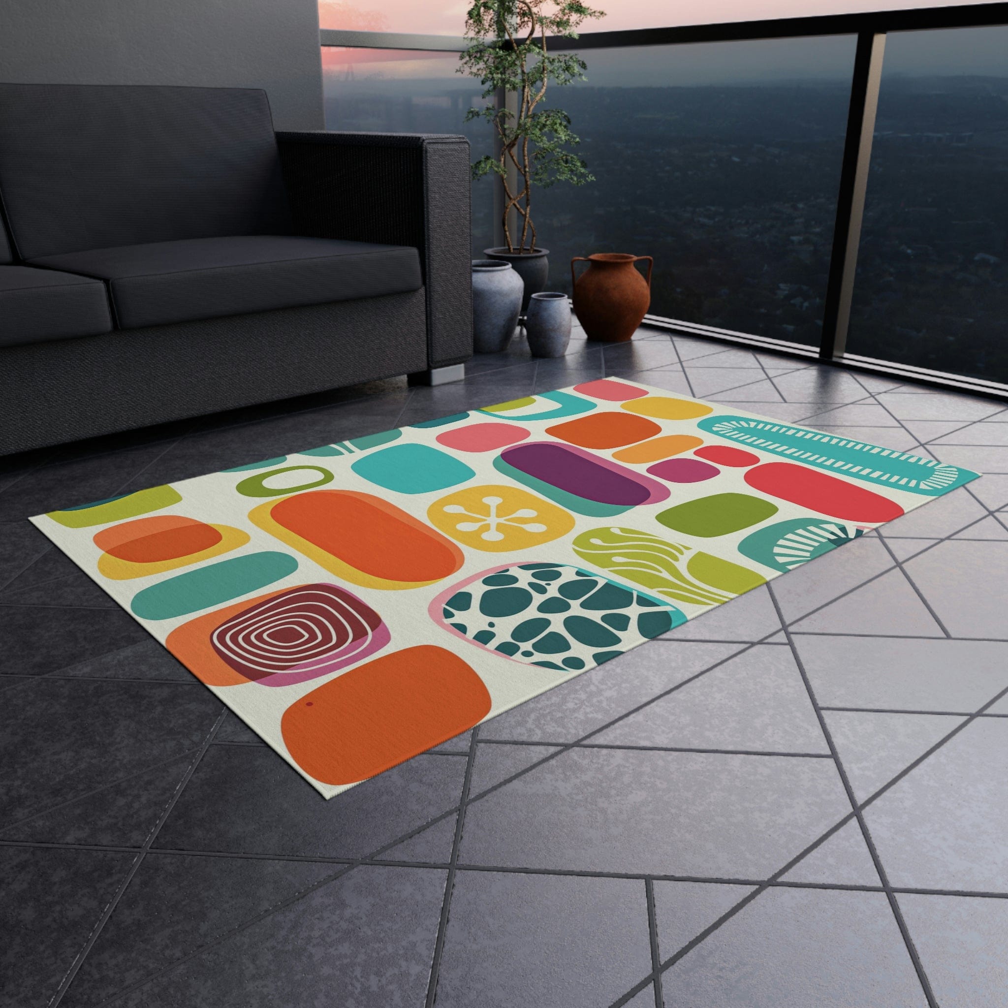 Mid Century Modern, Abstract, Geometric Mod Amoeba, Retro, Indoor Polyester, Orange, Purple, Aqua, Mustard Yellow Outdoor Rug Home Decor