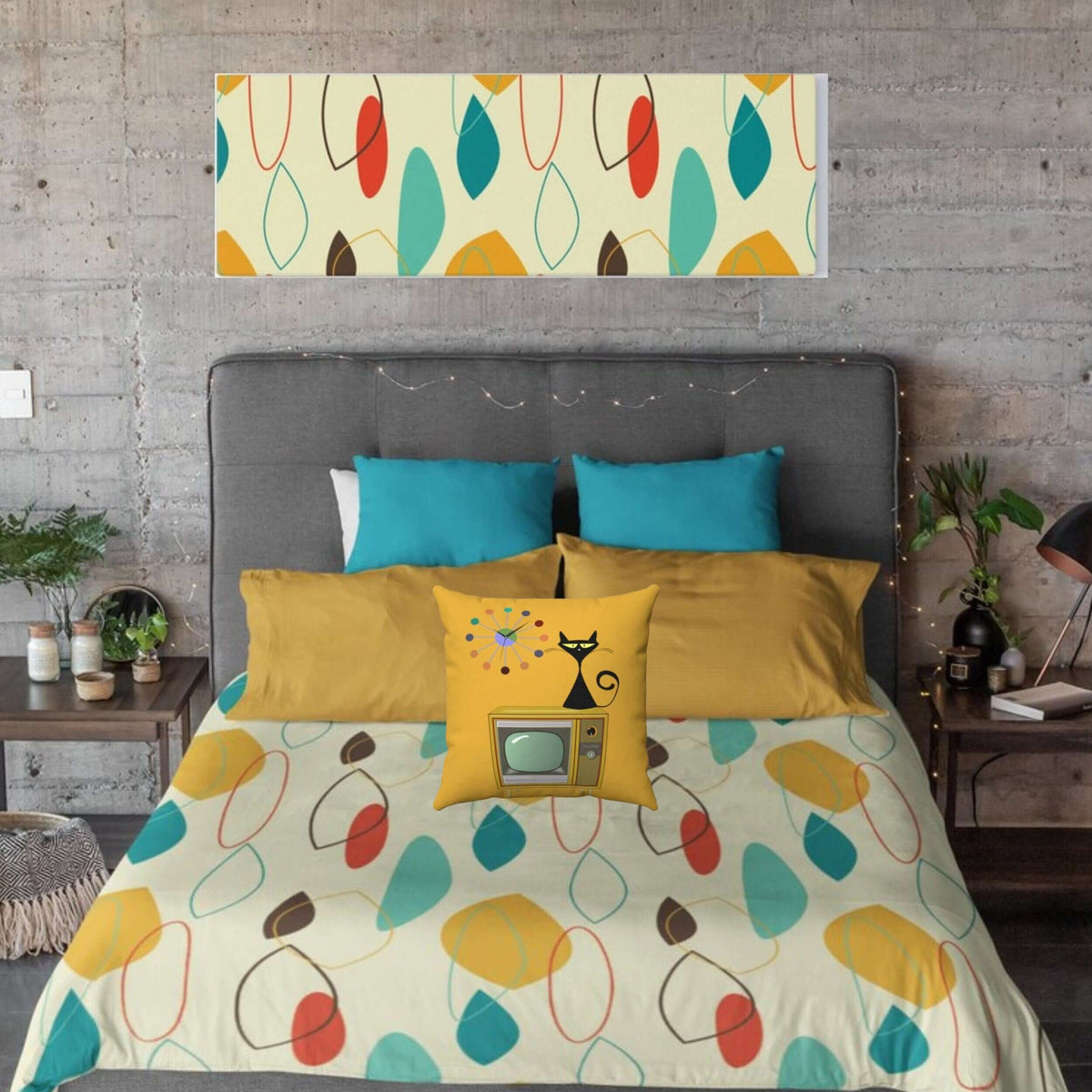 Mid Century Modern Abstract Retro Beige, Mustard Yellow, Turquoise Blue, Brown Microfiber Duvet Cover