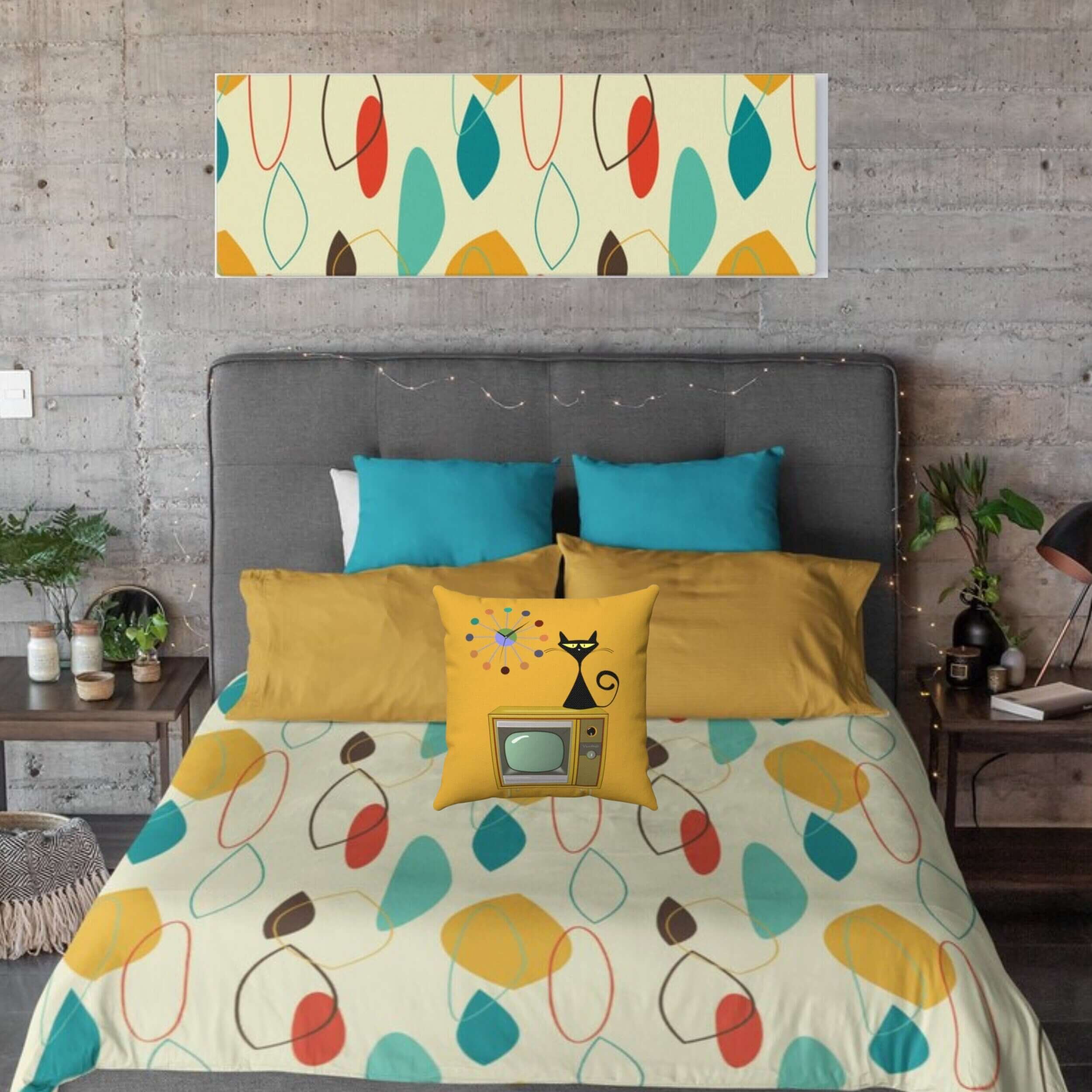 Mid Century Modern Abstract Retro Beige, Mustard Yellow, Turquoise Blue, Brown Microfiber Duvet Cover