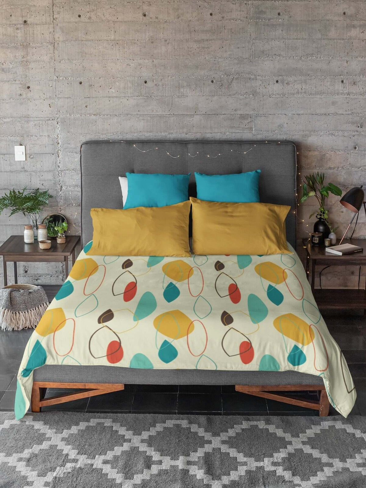 Mid Century Modern Abstract Retro Beige, Mustard Yellow, Turquoise Blue, Brown Microfiber Duvet Cover
