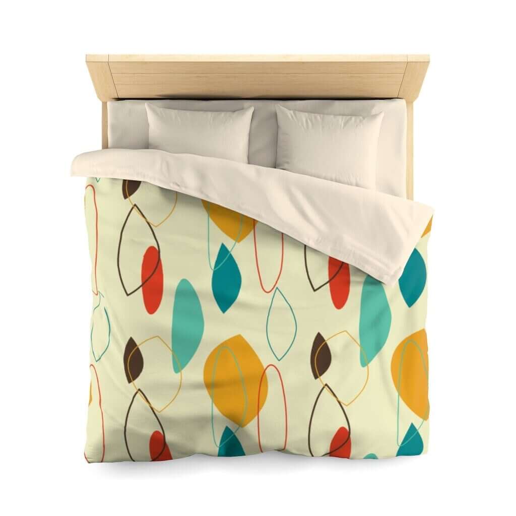 Mid Century Modern Abstract Retro Beige, Mustard Yellow, Turquoise Blue, Brown Microfiber Duvet Cover