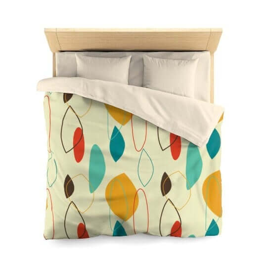Mid Century Modern Abstract Retro Beige, Mustard Yellow, Turquoise Blue, Brown Microfiber Duvet Cover