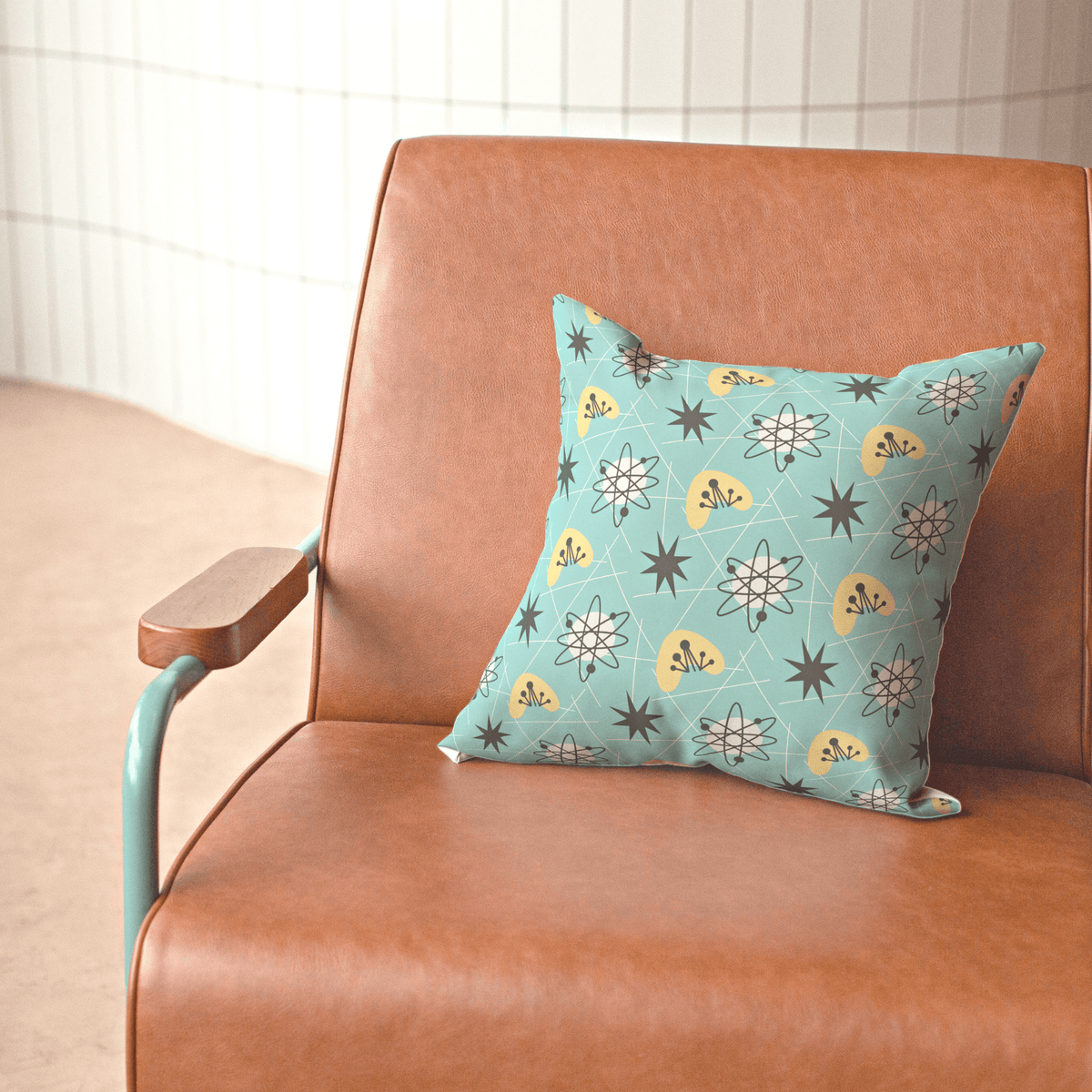 Mid Century Modern Aqua Blue, Sonic, Boomerang, Retro Starburst, Pillow Cushion And Insert Home Decor