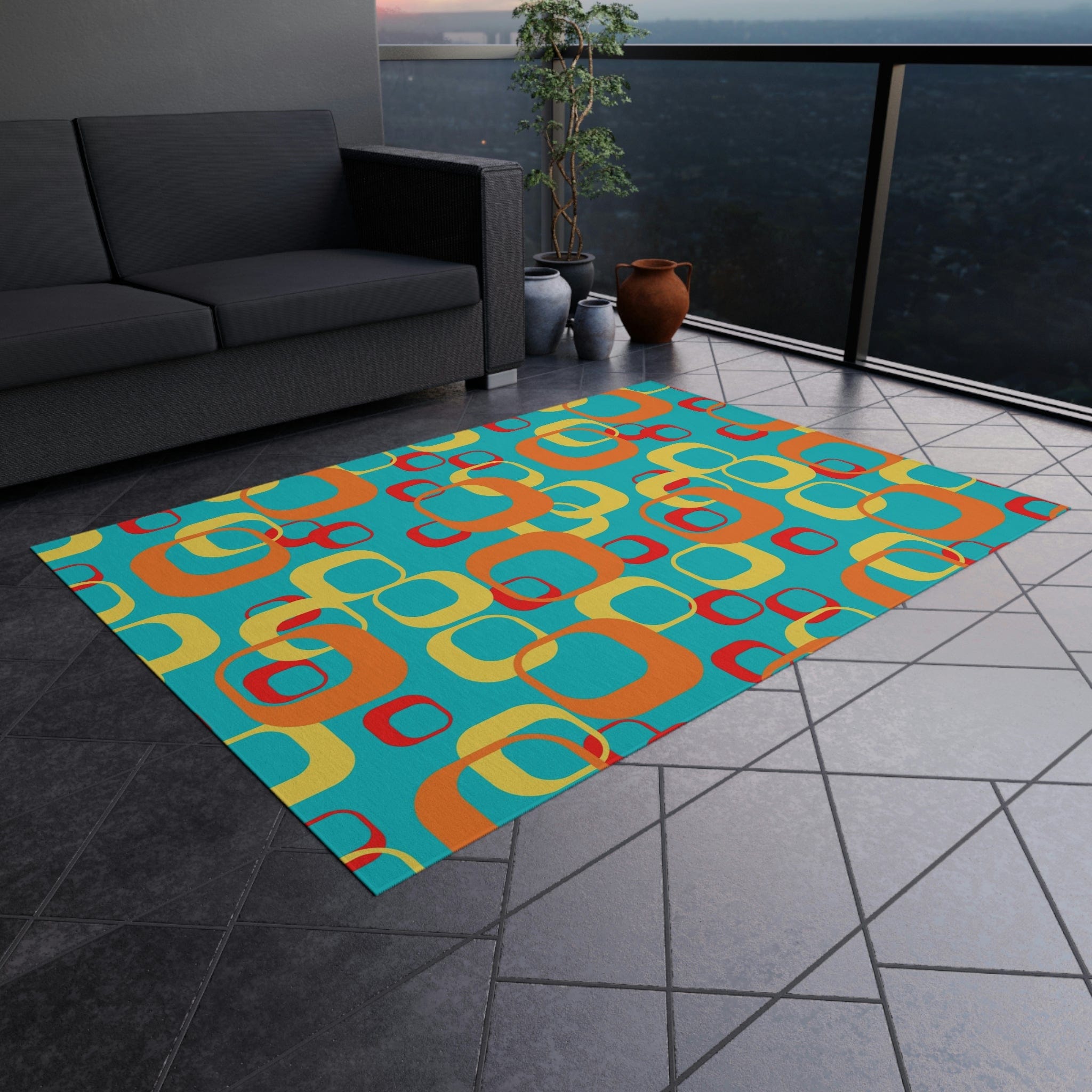 Mid Century Modern Aqua, Yellow, Red, Geometric, Retro Indoor, Outdoor Rug Home Decor